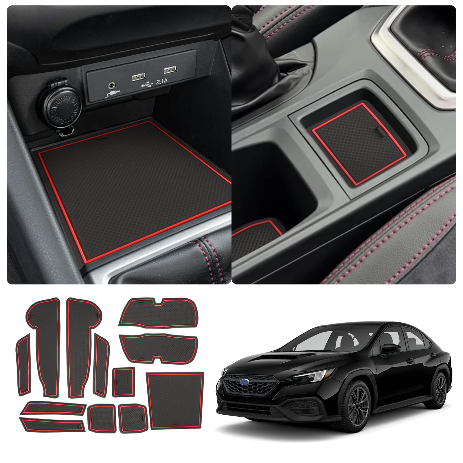 LUWU for 2024 Subaru WRX Center Console Liners Mats 2022-2025 WRX Base/Premium/Limited/GT Cup Holder Inserts Mats WRX Center Console Shifter Liner Trim Mats 2024 2025 Subaru WRX Accessories (Red)