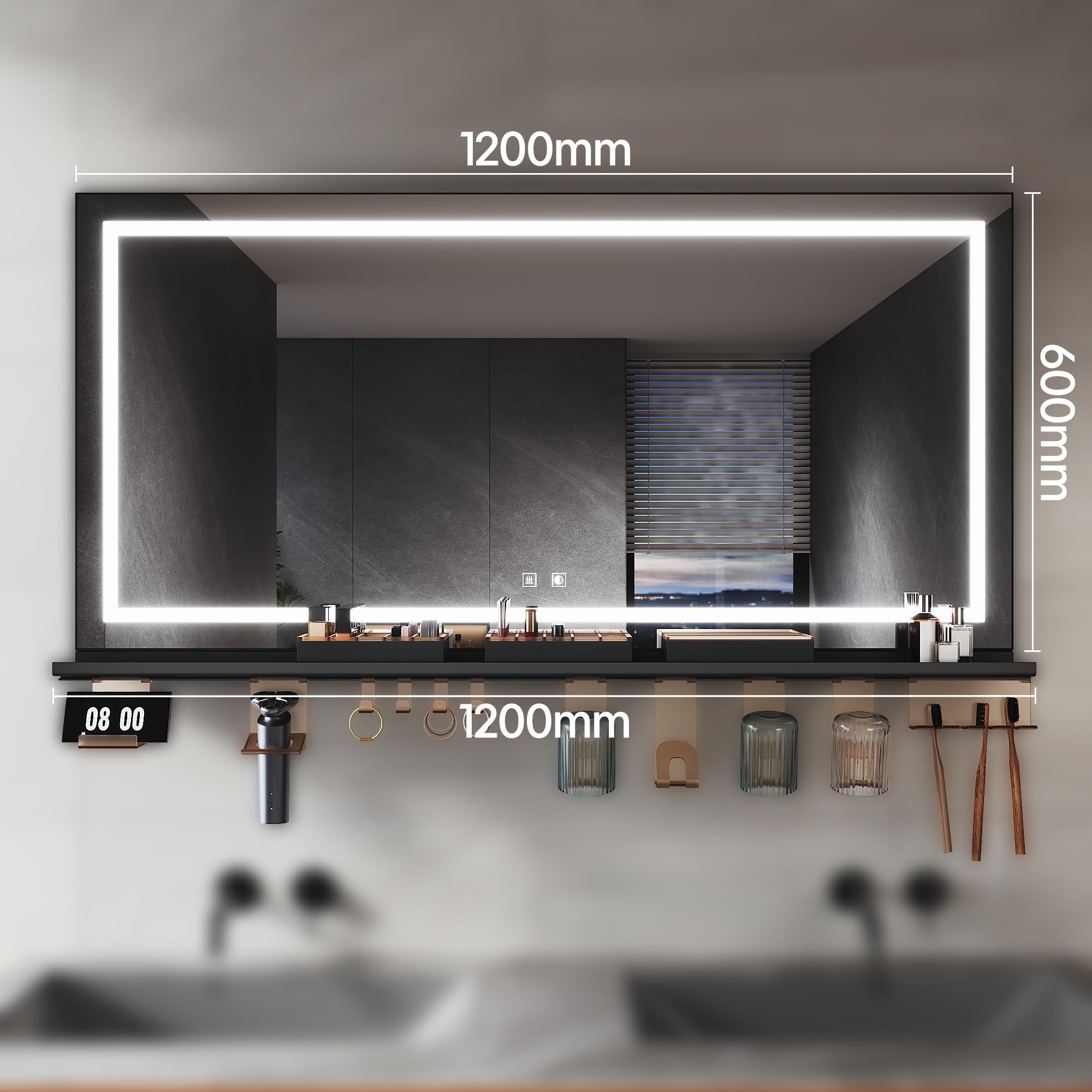 SIRHONA Specchio bagno 120 x 60 cm con bordo di stoccaggio, specchio anti-appannamento con illuminazione, dimmerabile e 3 colori regolabili, scatola di trucco, piccolo supporto, memoria, CRI>90