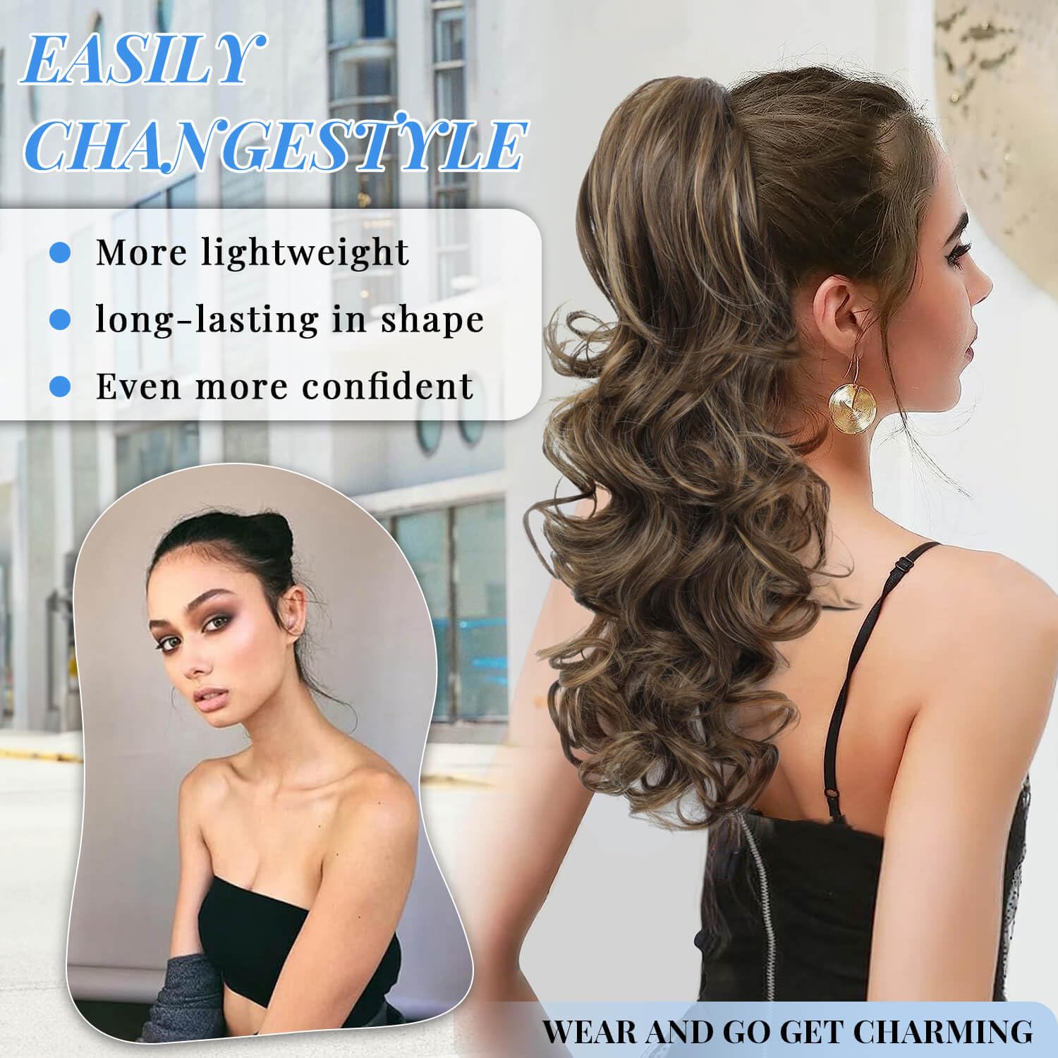 PEONYMEBEAUTY Ponytail Extension,Multi-layered Fluffy Thick Clip in Ponytail Hair Extensions 22" Long Wavy Curly Drawstring Ponytail Natural Soft Synthetic Hair Pieces for Women Clip in Black - Image 3