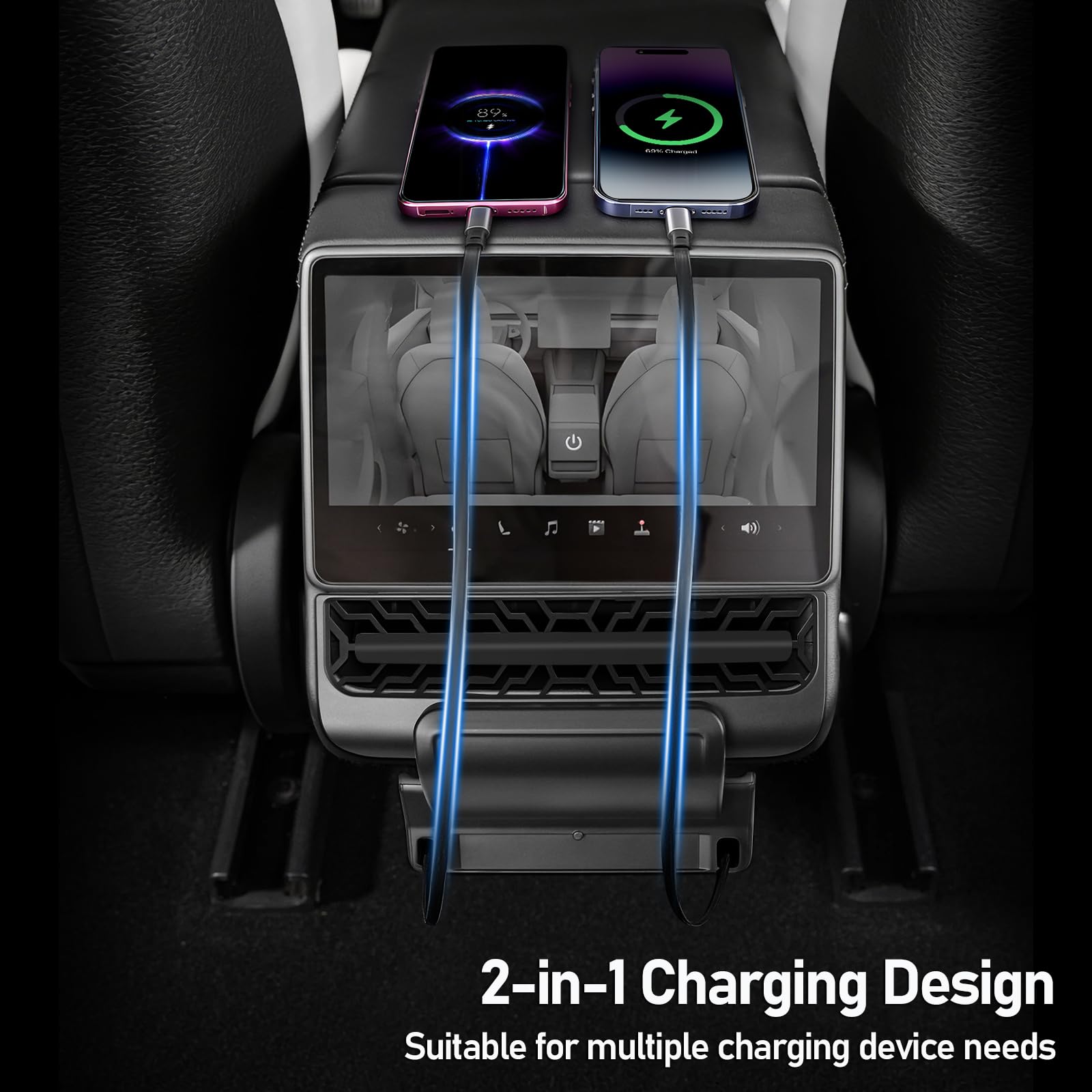 Hub de carga USB trasero para Tesla Model Y Juniper 2025, 2026, accesorios - Hub de carga rápida de 4 puertos con cubierta deslizante, 2 estaciones de acoplamiento tipo C para Tesla Model