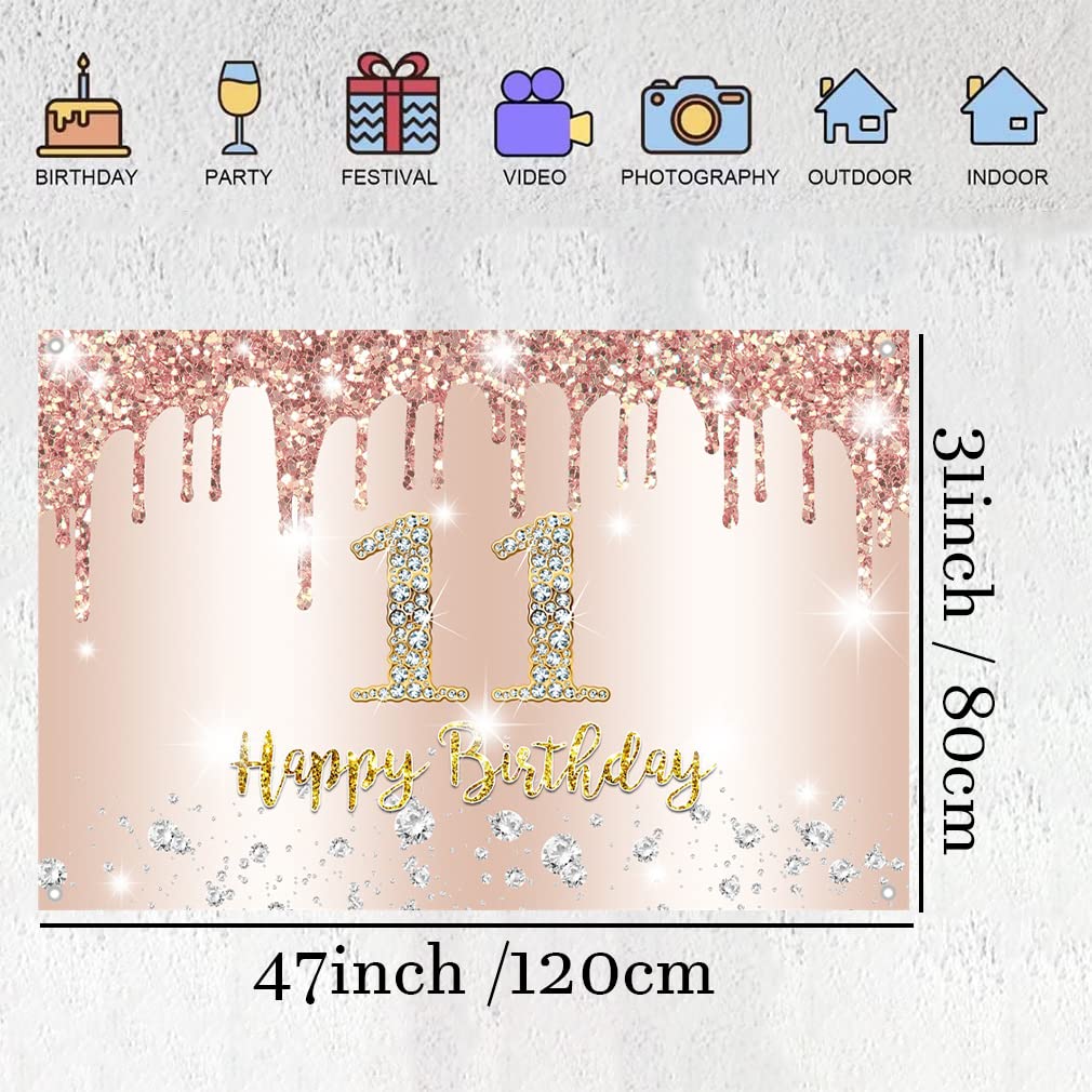 Happy 11th Birthday Banner – 150x90 Cm, Vinyl, Mit Glitzer, Für Mädchen-Geburtstagsfeiern