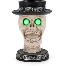 Halloween Skull Candle Holder with Glowing Green Eyes, Gothic Skeleton Head Statue with Black Top Hat, Spooky Tabletop Decor for Halloween Party