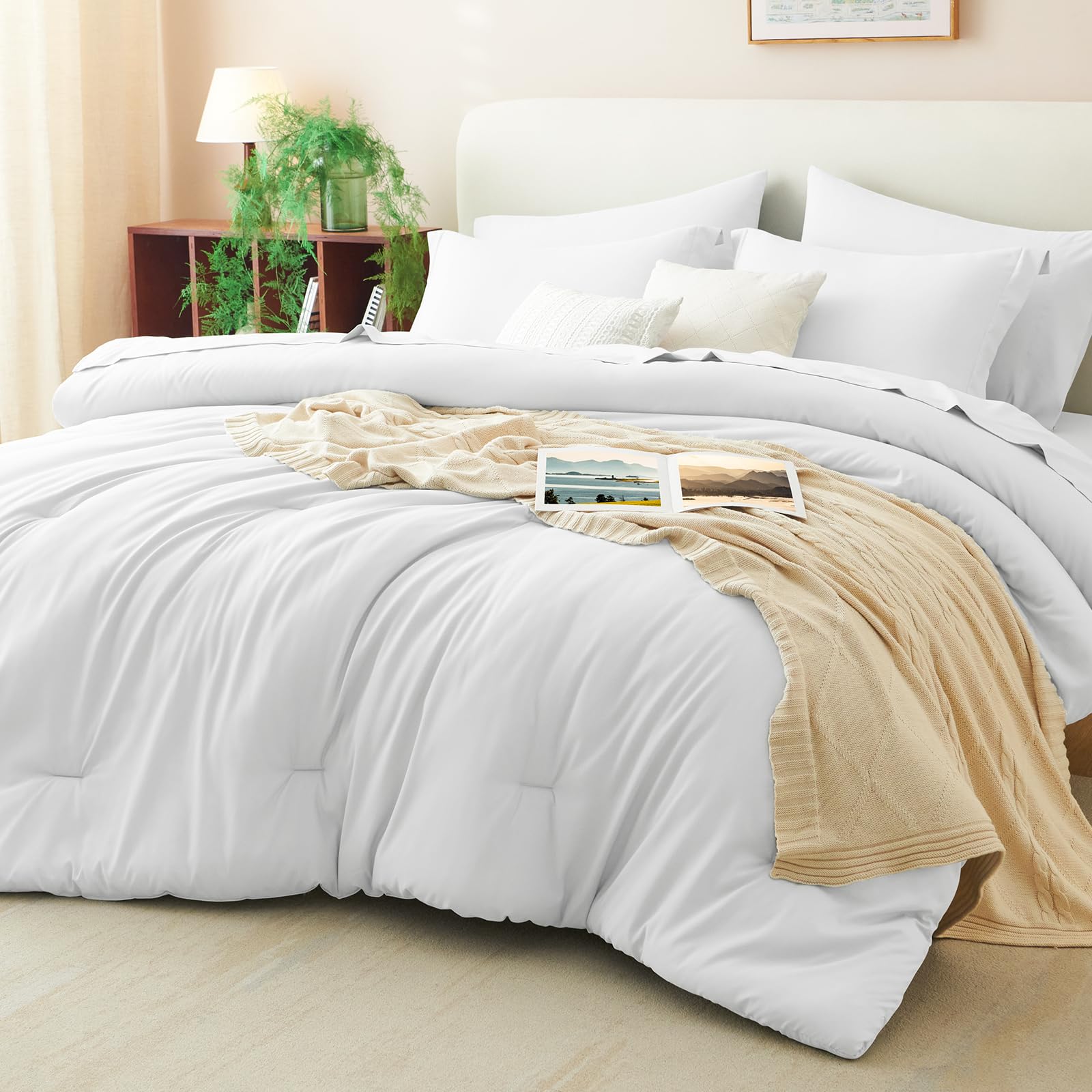 CozyLux Queen Comforter Set White, 7 Pieces Bed in a Bag Soft Bedding Comforter Set with Sheets, All Season Boho 7PC Bed Sets with Comforter, Fitted