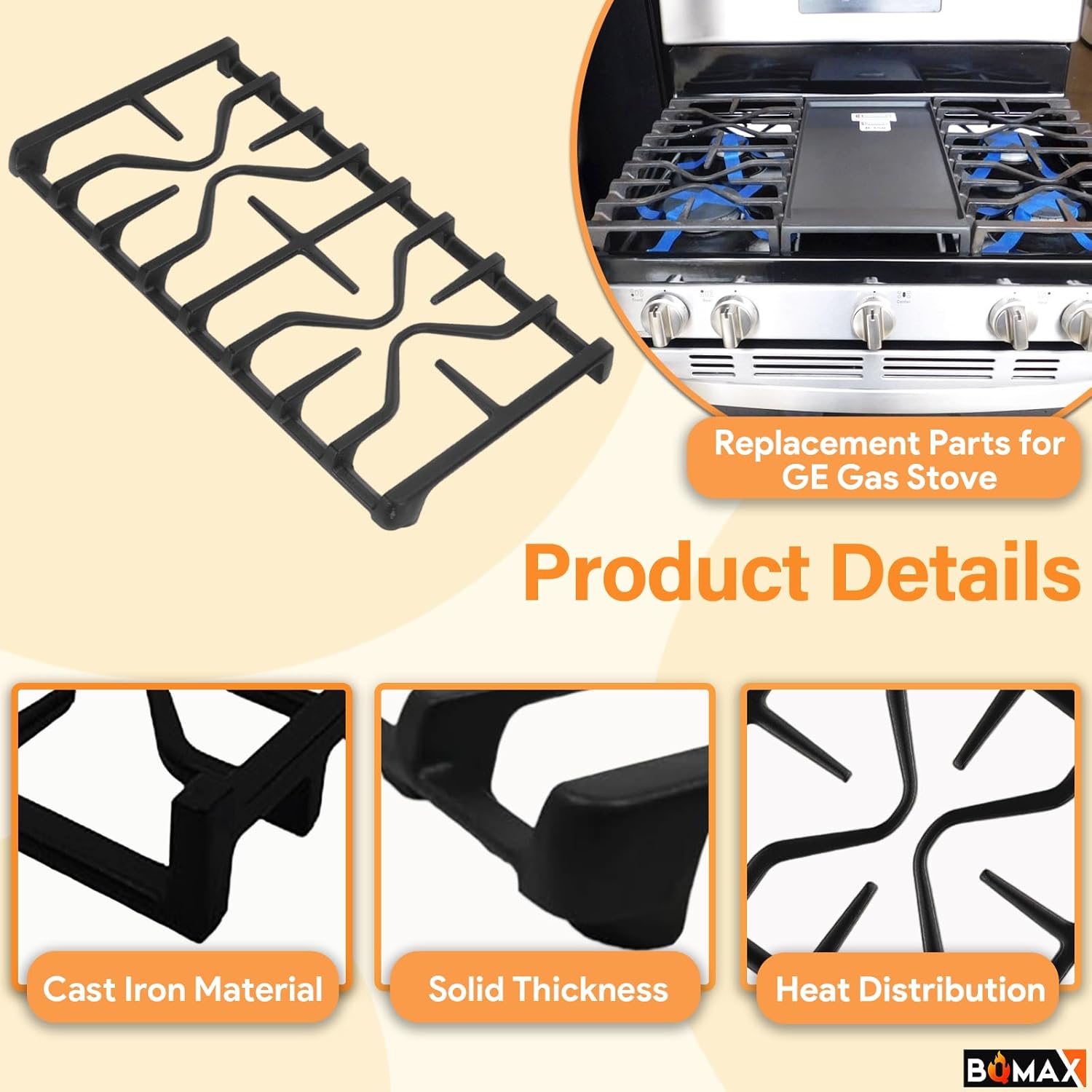 WB31X27151 Stove Grate Replacement Parts For GE Burner Grate, for GE Gas Stove Burner Replacement, WB31X24736 Cast Iron Stove for GE Gas Stove Parts Surface Burner Side Grate, 1 Packs