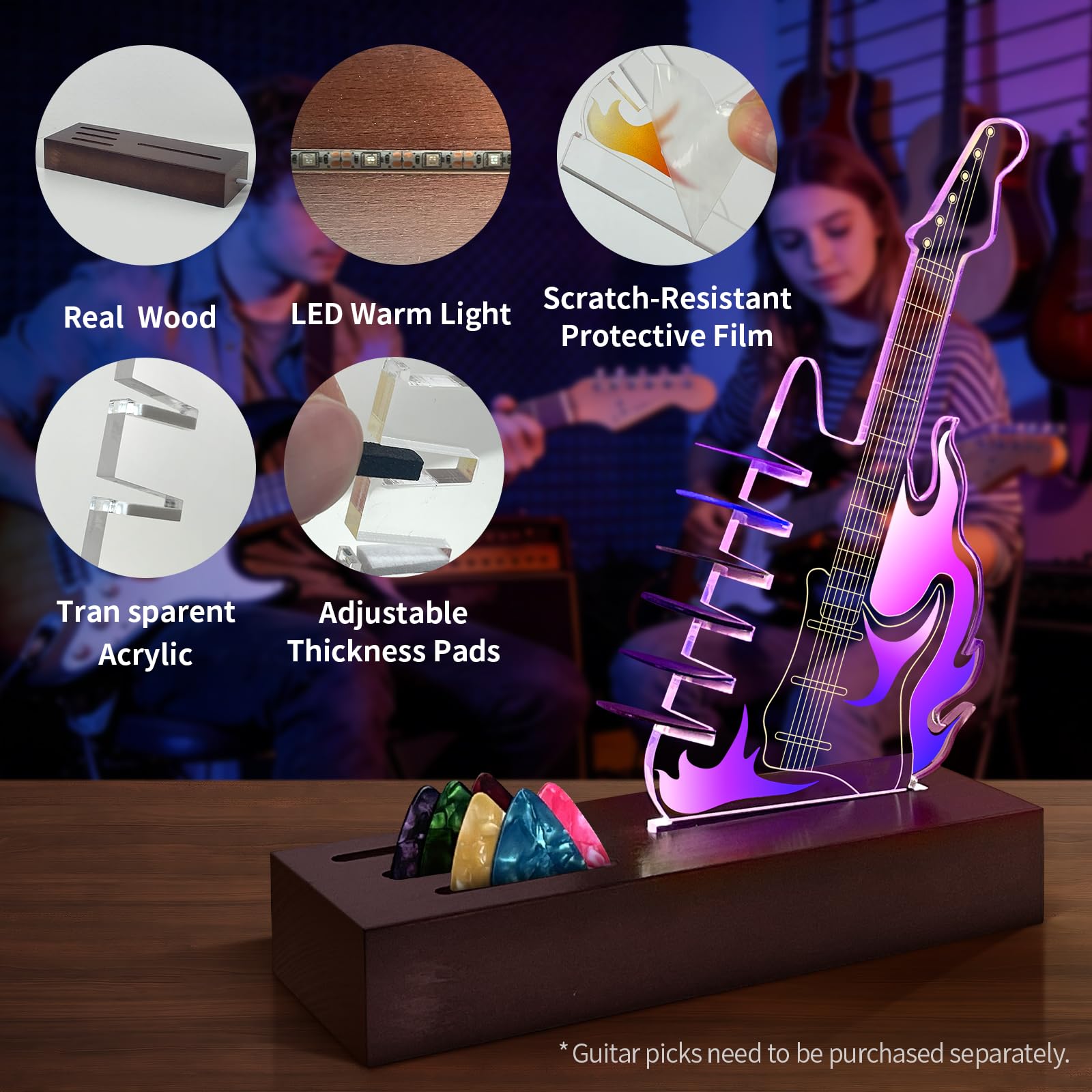 Porta plettro per chitarra illuminato, 7 colori con luce LED, display per plettro per chitarra in acrilico, alimentato tramite USB, accessorio per chitarra, può contenere 6 plettri, regalo per uomini