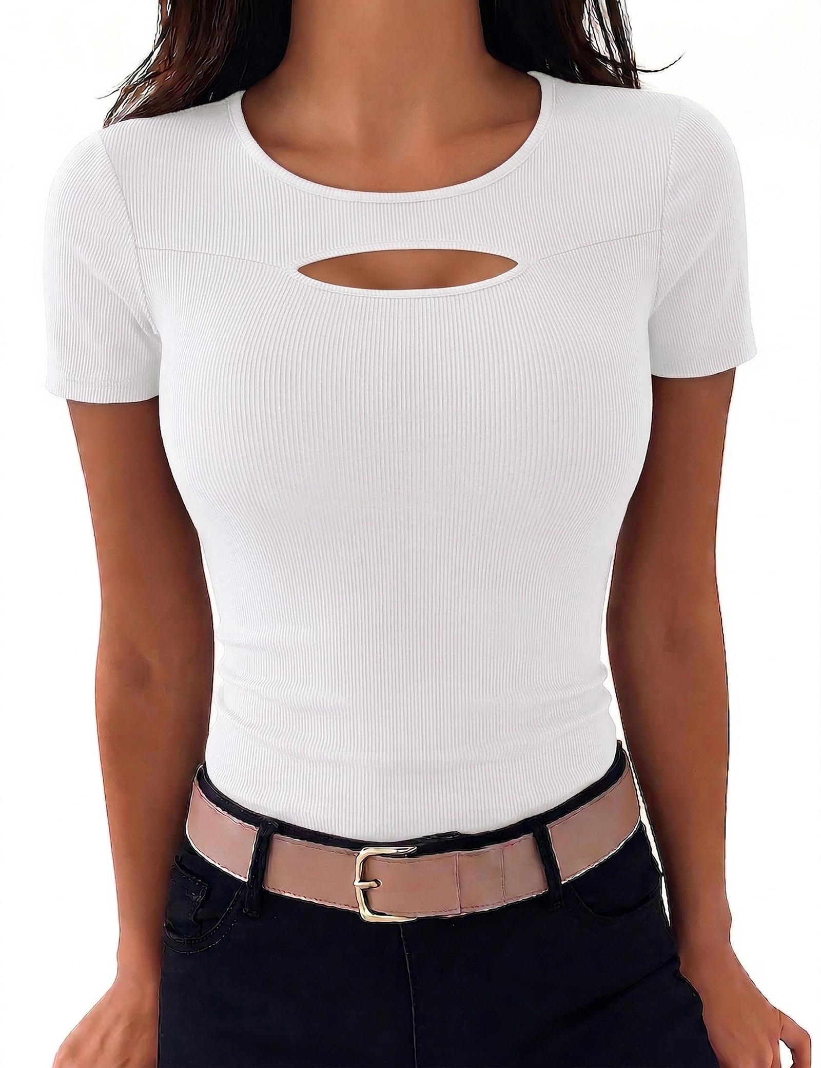 Aottori T-Shirt Damen Rundhals Sommer Oberteile Kurzarm Cut Out Gerippt Basic Tee Shirts Elegant Slim Fit Tshirt Stretch Casual Tops Einfarbig