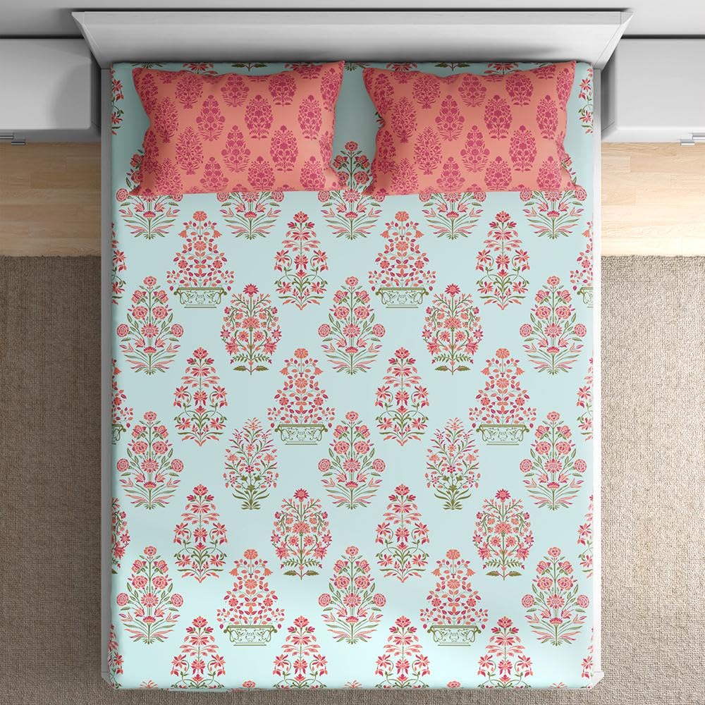 Wakefit Cotton Flat Bedsheet | 160 TC Bedsheet For Double Size Bed Floral With 2 Pillow Covers | Bella - 100X90 Inches,Multi
