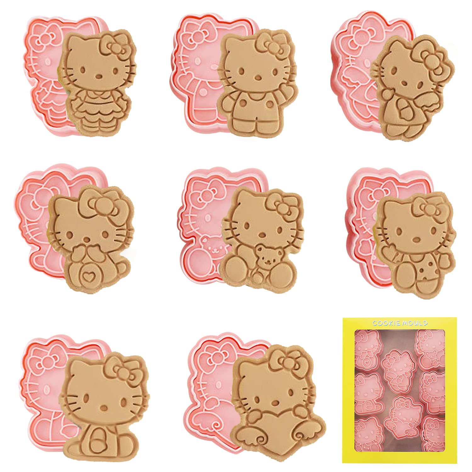 Cartoon Cookie Cutters Set 8 Pieces Hello Kitty Biscuit Molds Cookie Pressing Cutter Embossing Mold Cartoon Pattern Printing DIY Baking Tools for Kids Cake Pastry Decor