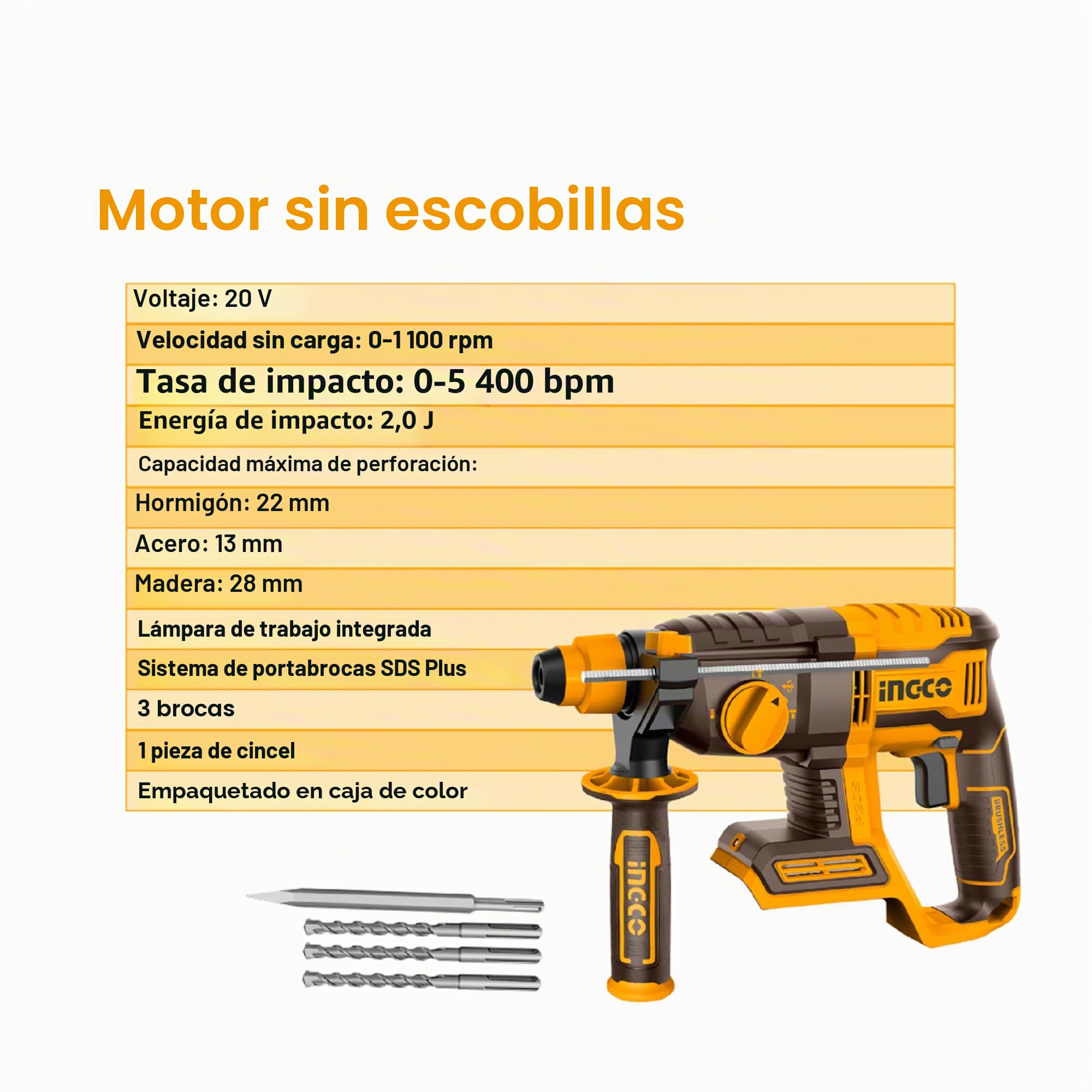 INGCO Martillo Percutor Perforador Inalámbrico 20 V (producto solo), motor sin escobillas, Φ22 MM en hormigón, SDS-Plus, 2.0J, 4 funciones, 1100 rpm, 5400 bpm, con 3 taladros y 1 cincel CRHLI20208