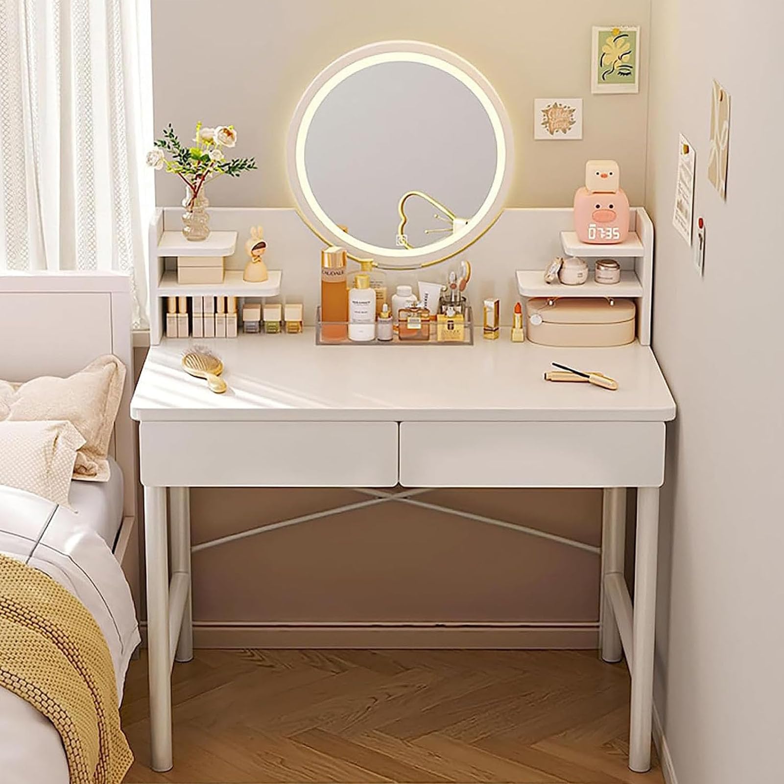 Escritorio blanco con espejo y luces LED de 80 cm para maquillaje en dormitorio