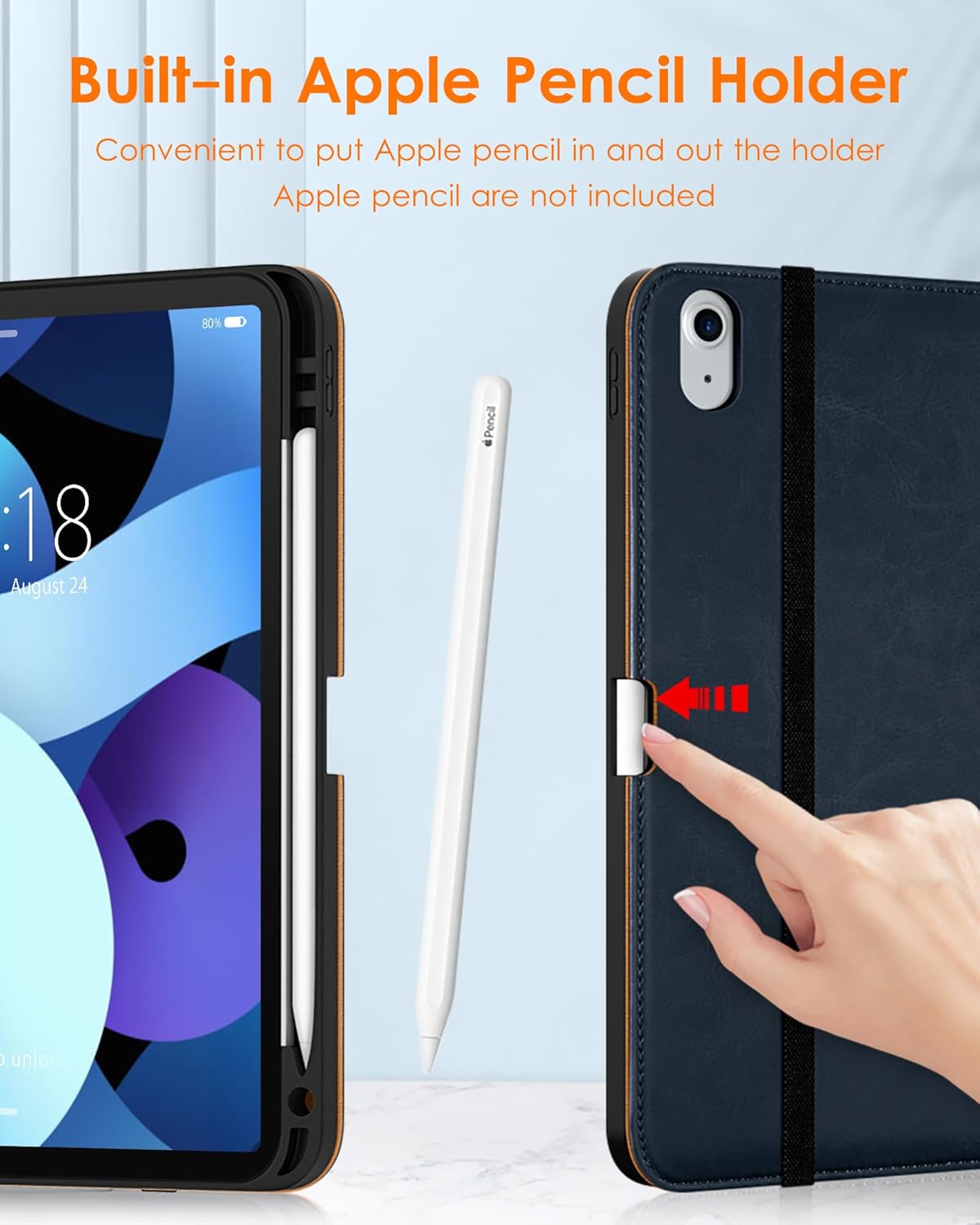 DTTO Case for iPad Air 5th/4th Generation 2022/2020 with Pencil Holder, Premium Leather Business Folio Stand Cover, and 2 Pack Tempered Glass Film with Camera Protector, Blue
