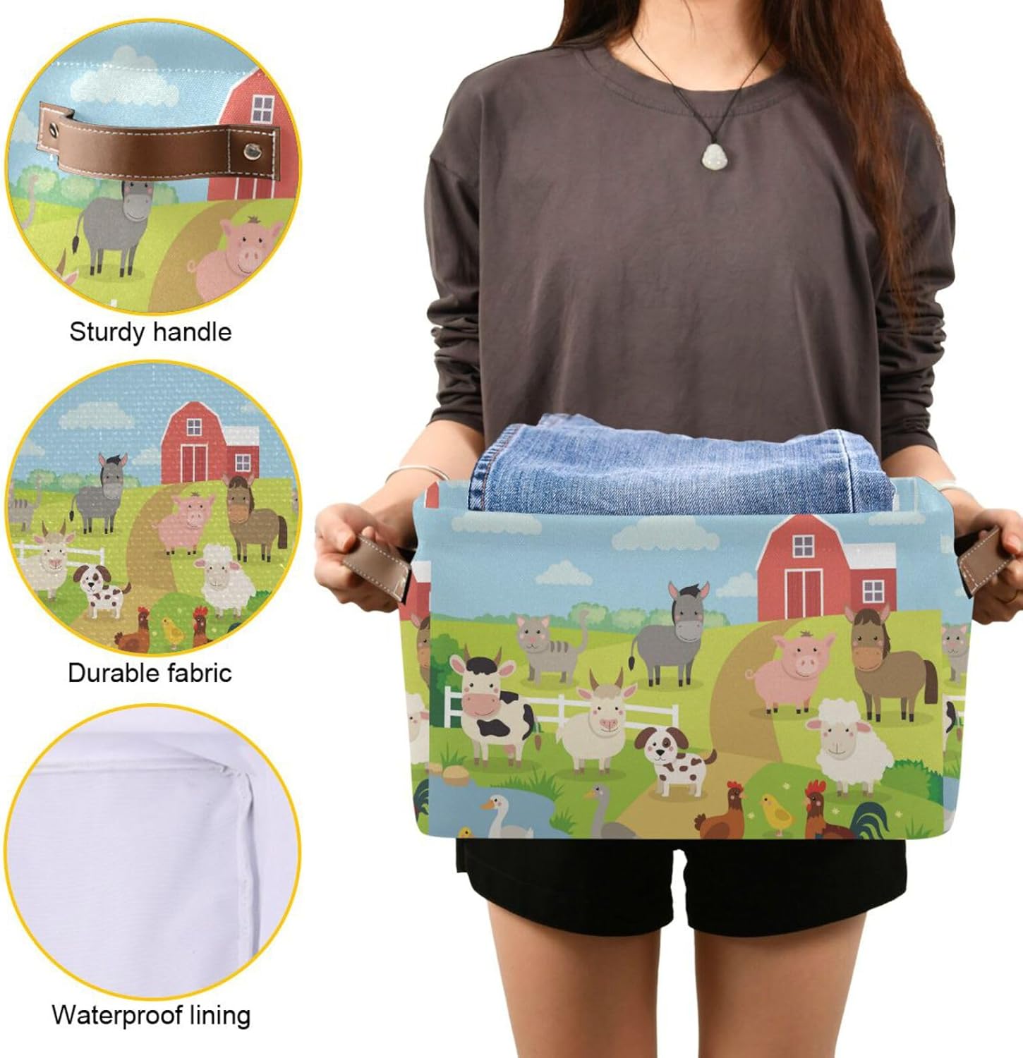 Farm Animals Cow Pig Sheep Horse Rooster Chicken Donkey Cat Dog Toy Basket,Collapsible Storage Bin Basket with Handles£¬Laundry Baskets,Shelf Basket Nursery Storage for Bedroom Playroom,Set 1