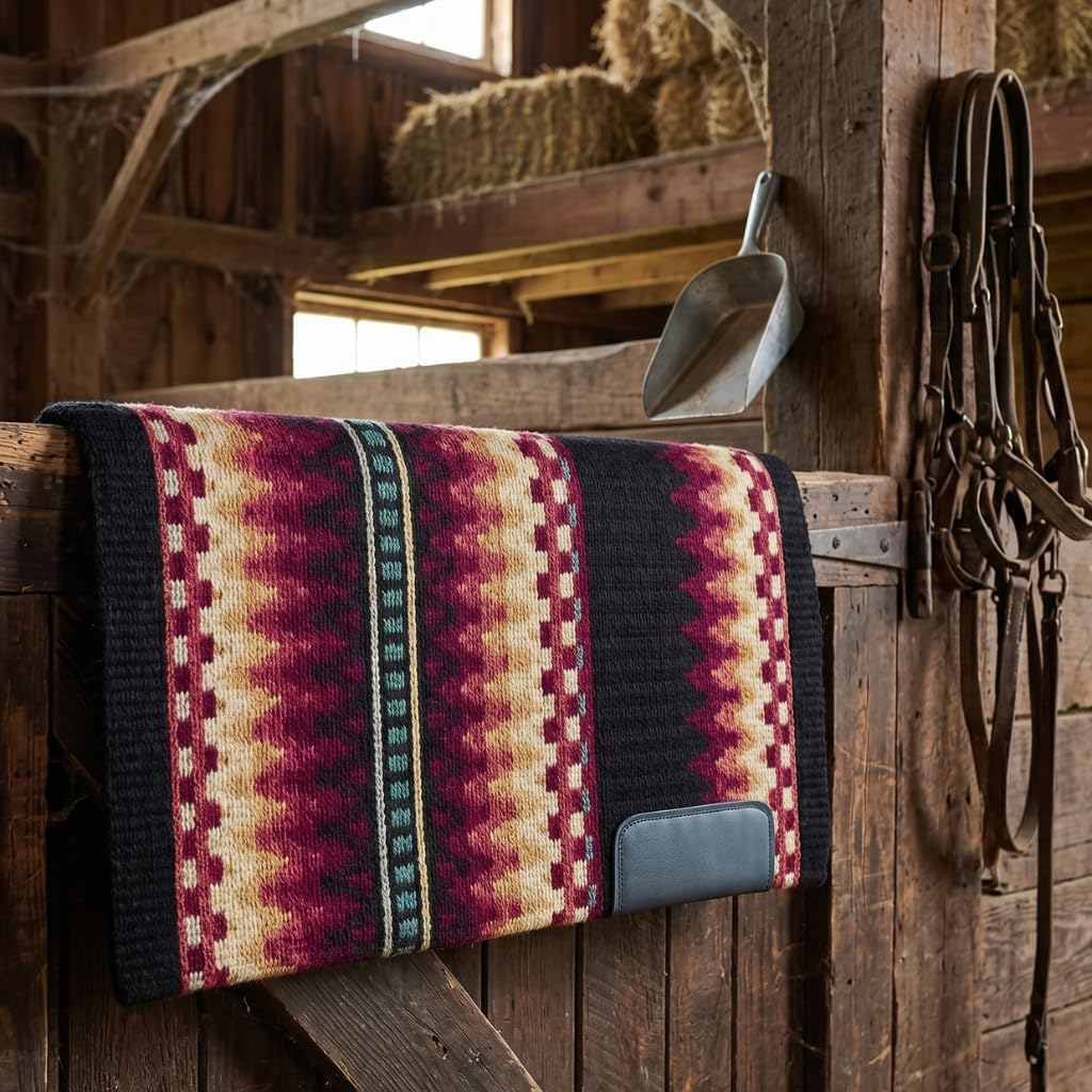 Western Show Saddle Pad/Blanket for Horses - Handmade Wool Saddle Blanket with New Zealand Design, Thick, Durable & Comfortable for Horse Riding (34” L x 42” W x 1) M28