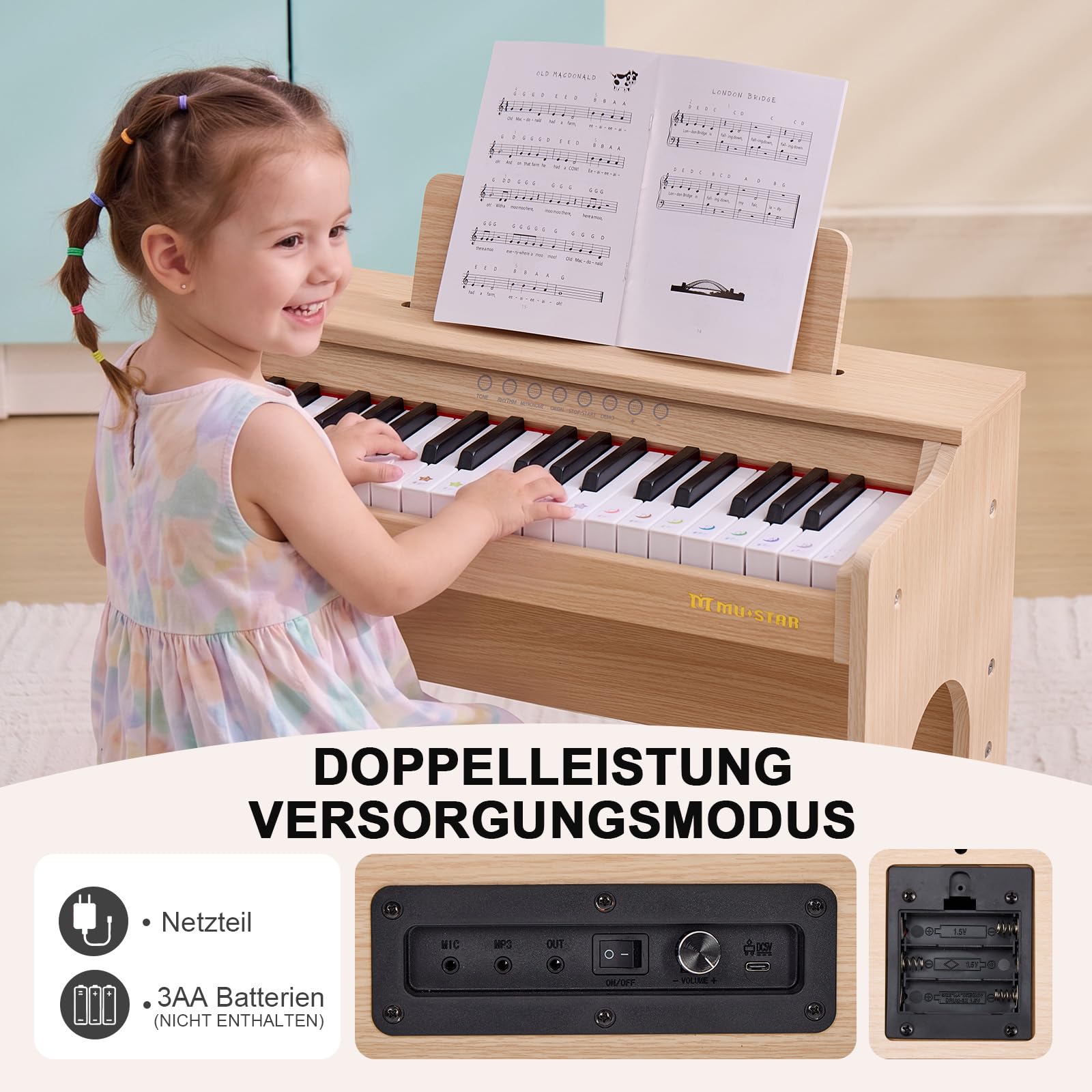 MUSTAR Piano pour Enfants, Piano numérique à 37 Touches pour Enfants, avec Banc de Piano, recueil de chansons, Autocollants et Housse de Protection, Filles et garçons, Chêne