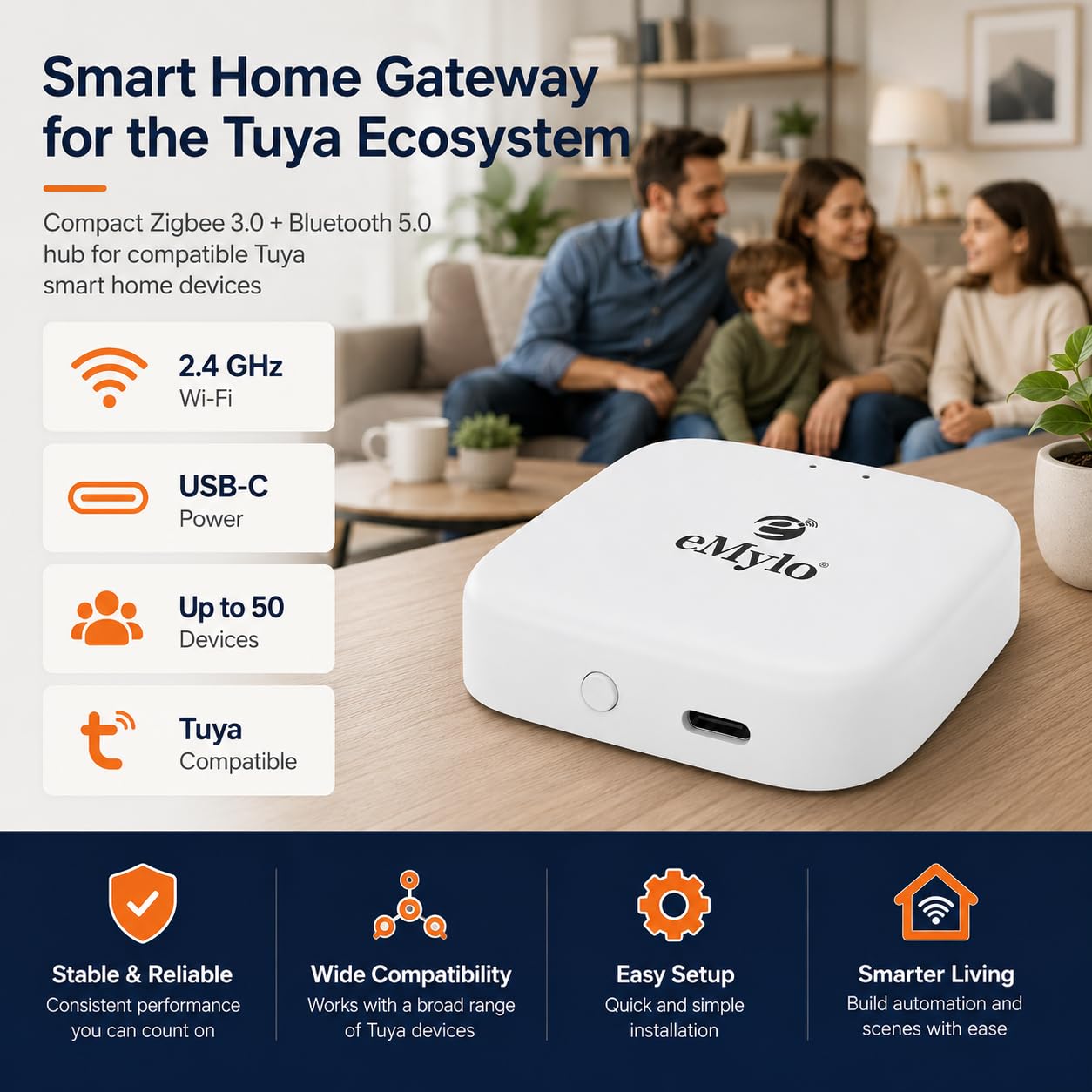 eMylo Passerelle Tuya Zigbee 3.0 Bluetooth, Hub Maison, USB C | Hub WiFi 2,4 GHz pour appareils Tuya Zigbee et Tuya Bluetooth, app Smart Life , alimentation Type C
