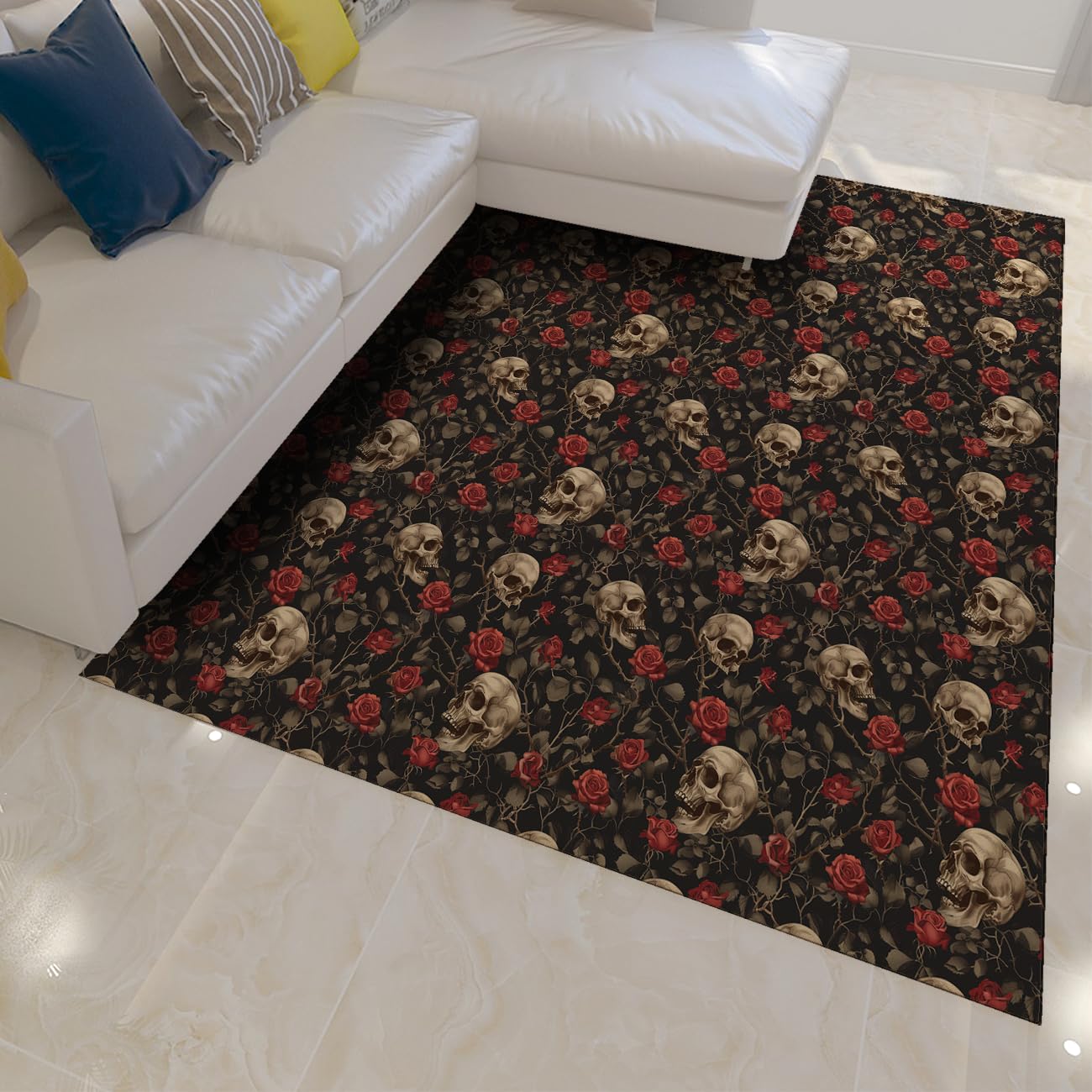 Unikalny artystyczny dywan do przedpokoju, 80 x 400 cm, wzór róży i czaszki, antypoślizgowy, nadaje się do prania, chodnik, do łazienki, sypialni, kuchni, pralni