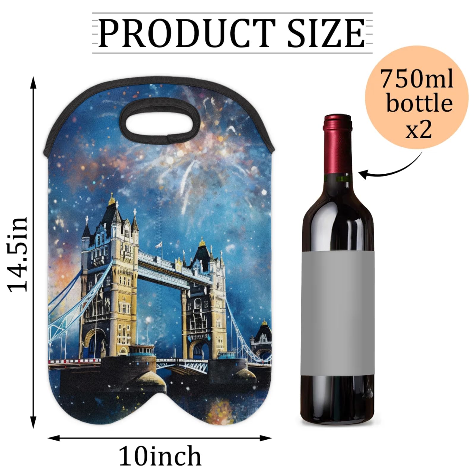 GzLeyigou 2 Bottles London Bridge Wine Bag Sleeve Totes Neoprene Protective Wine Carrier Bag for Wine,Water, Champagne, Beer, Baby Bottles,Gift 14.5 x 10 Inches
