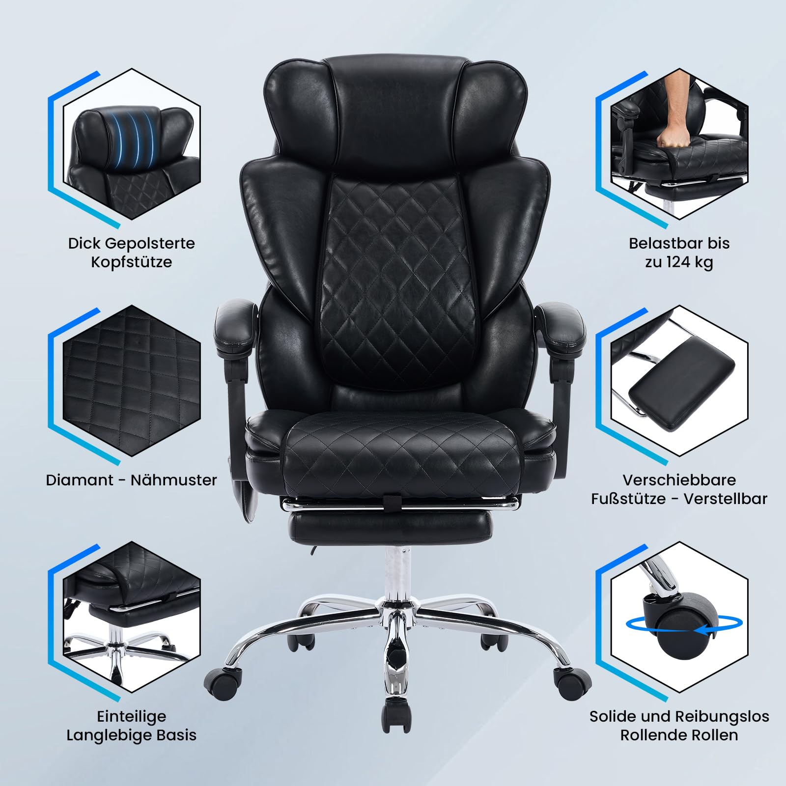 COLAMY Bürostuhl Ergonomisch mit Massagefunktion, Ergonomischer Schreibtischstuhl mit Heizfunktion, Chefsessel mit Fußstütze, 360° Drehstuhl, 94-125° Verstellbarer Rückenlehne, für Office, Schwarz