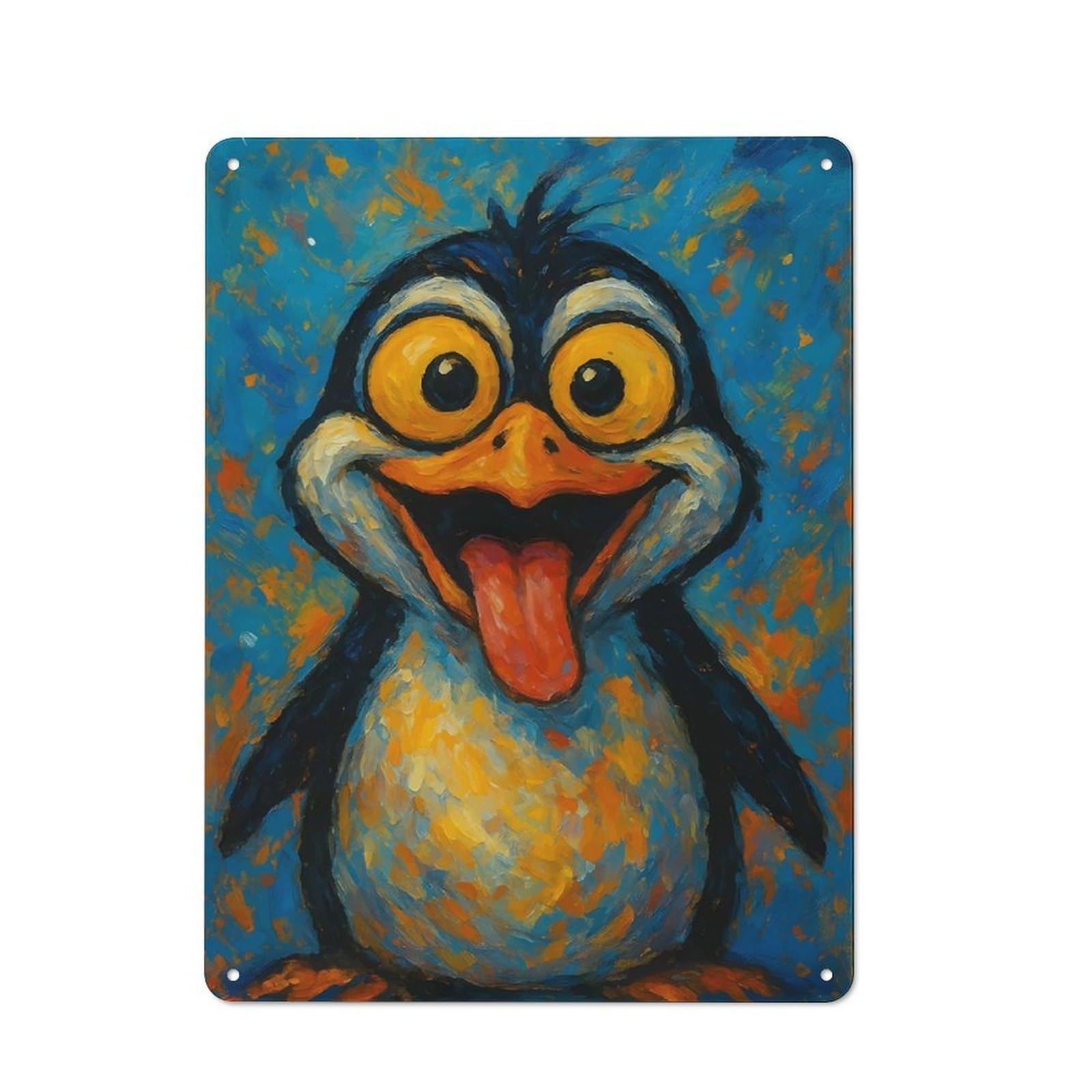 Junmoney Cartoon Penguin Painting With Tongue Out Tin Wall Plaque 40X30cm With For Hobby Room Or Studio, For Home Interiors, Feature Walls And Decorative Displays