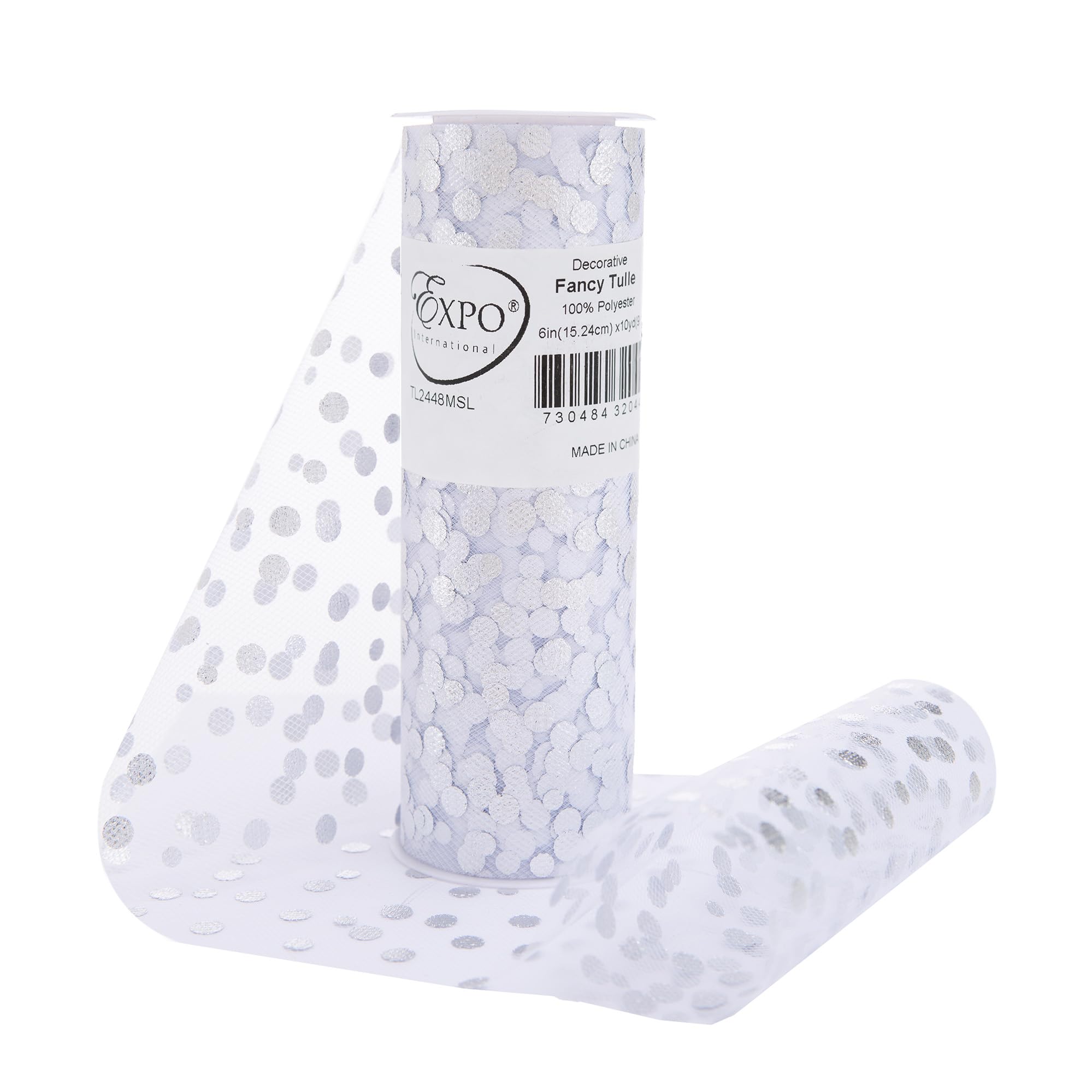 Expo International Decorative Fancy Foil Polka Dot Tulle, Roll/Spool of 6” X 10 Yards, Lightweight Polyester Tulle Fabric for Wedding, Floral, or Party Decorations, Easy-to-Use, Silver, Pack of 1