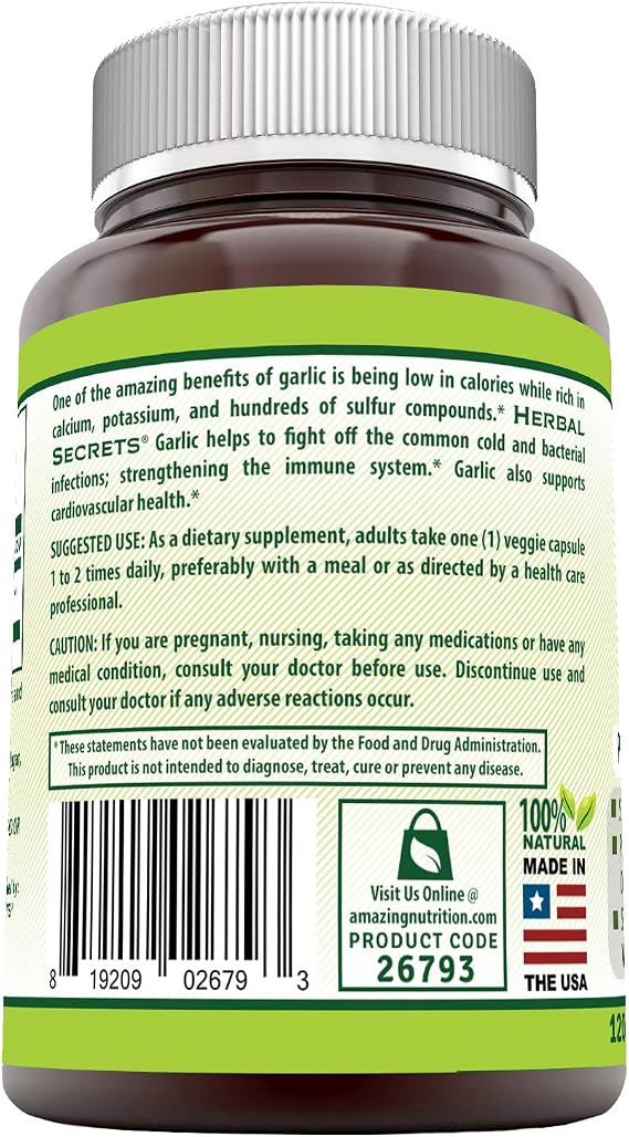 Herbal Secrets Garlic 500 mg 120 Veggie Capsules Supplement | Non-GMO | Gluten Free | Made in USA | Ideal for Vegetarians