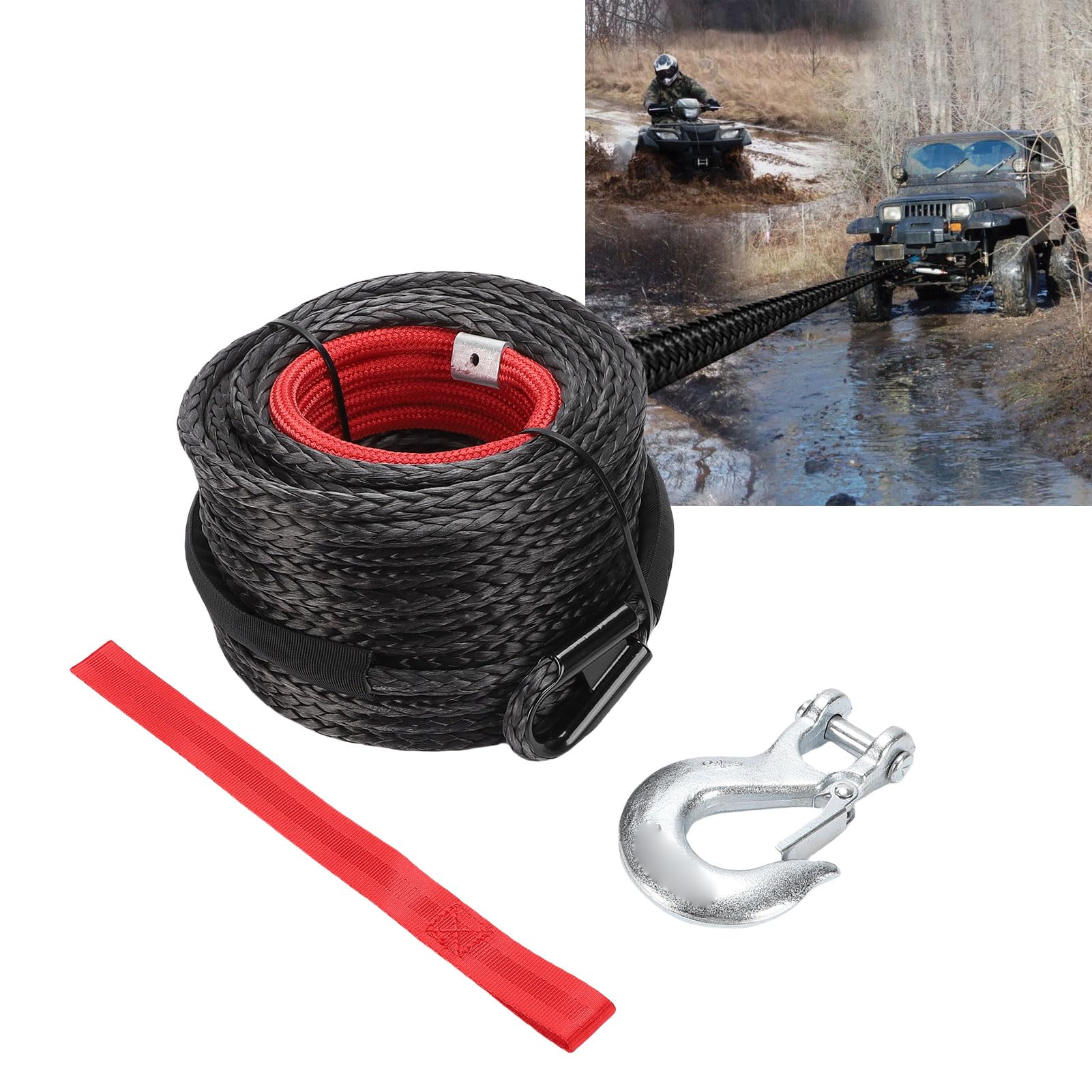 Corde de Treuil Synthétique de 8 Mm X 15 M, Câble de Treuil à 12 Brins de Résistance à la Rupture de 5,6 Tonnes avec Crochet forgé Haute Résistance, pour SUV, Véhicule