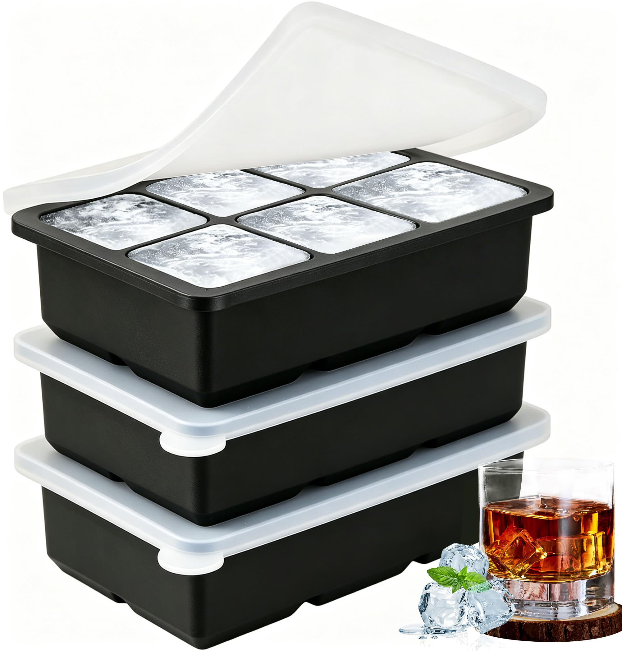 Large Ice Cube Trays for Whisky – Set of 3 Thick Silicone Moulds, 4.5cm Big Ice Cubes, Easy Release, Perfect for Cocktails, Drinks & Whiskey Glasses