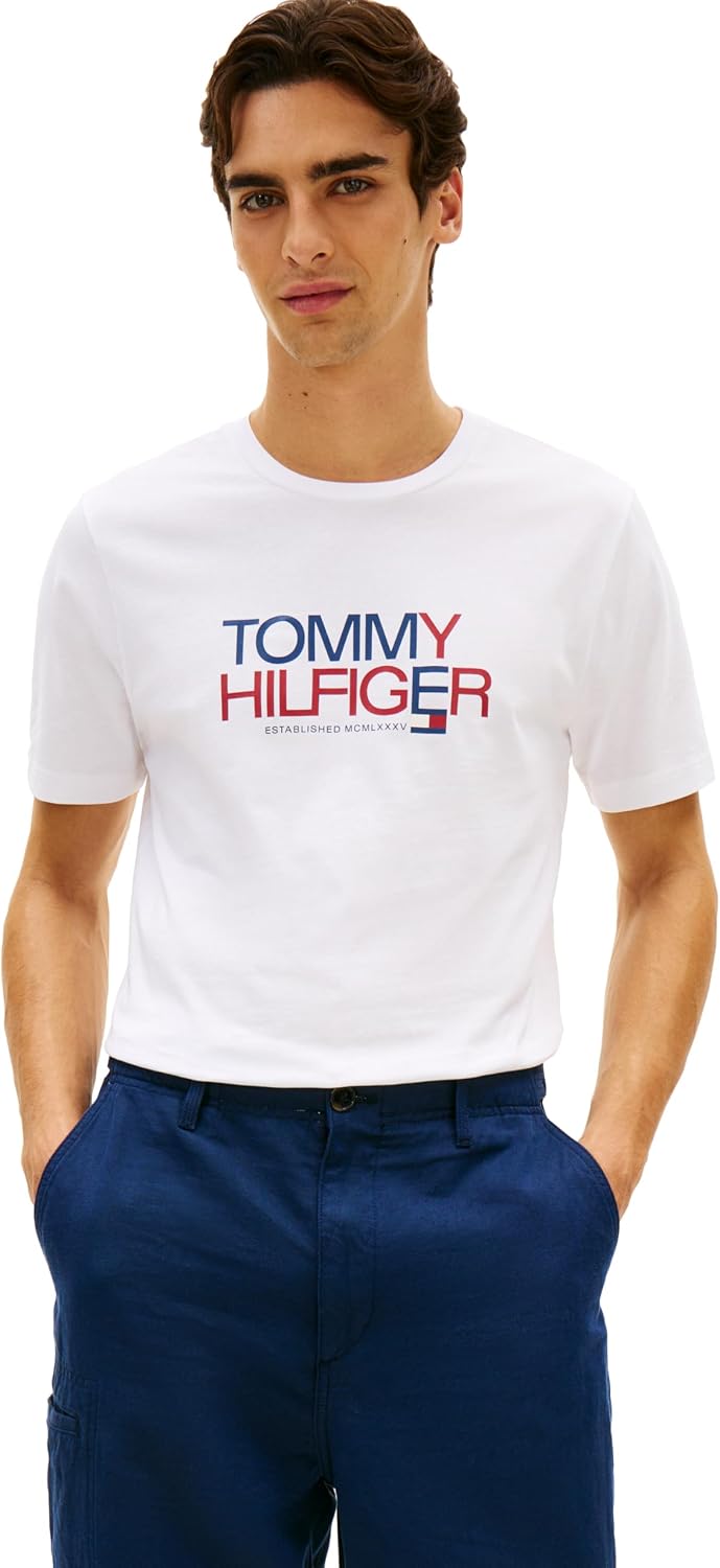 Tommy Hilfiger Men's Short Sleeve Cotton Graphic T-Shirts with Printed Two-Tone Logo Graphic