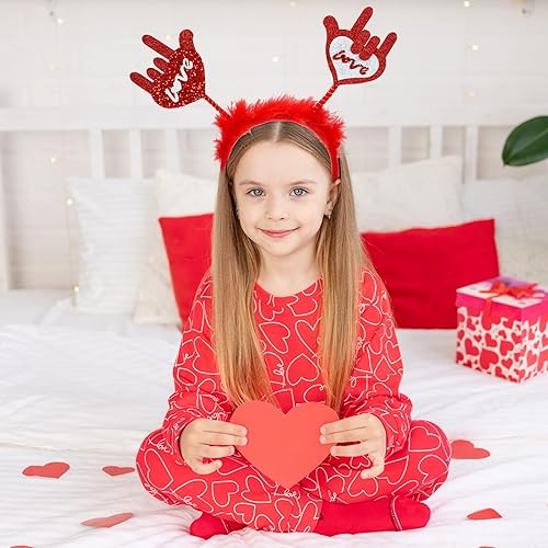 Miniatura 6 de Whaline 6 piezas de diadema para el día de San Valentín diseño de corazón rojo con purpurina decoración de plumas para el día de San Valentín boda