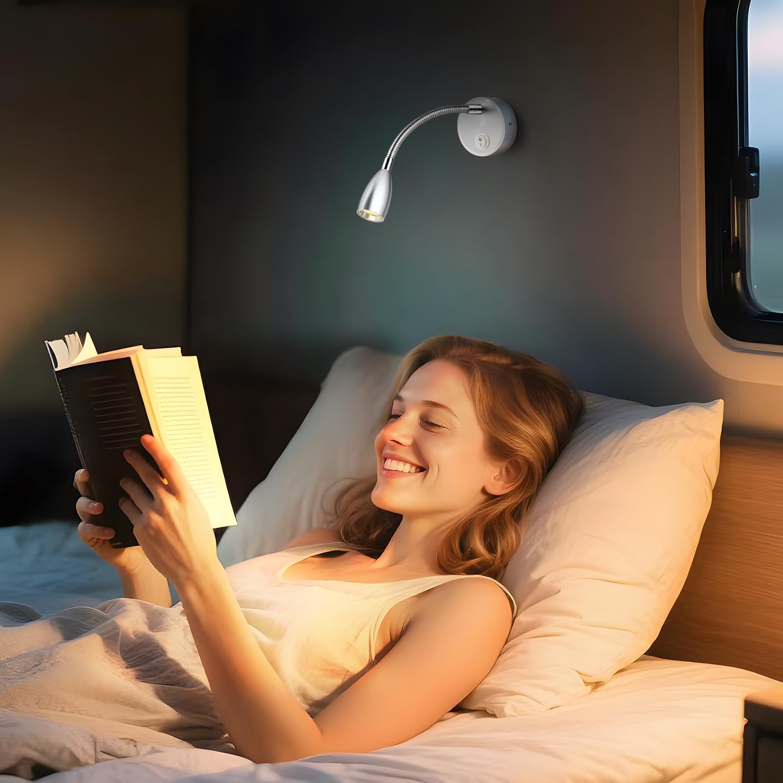 ERWEY 2er LED lampe de lecture 12V camping - car, 3W 3000k applique lampe de lit avec col de cygne flexible et port de charge USB pour bateau, yacht, voiture, éclairage intérieur de caravane, argent