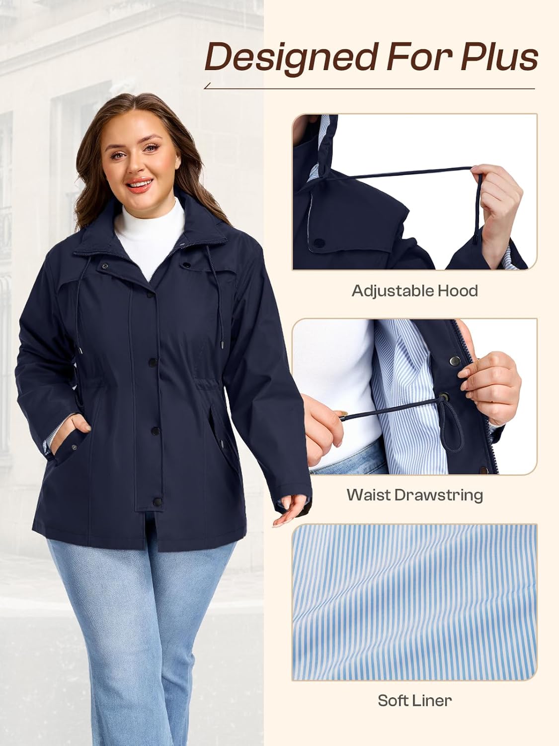 SaphiRose Women's Plus Size Rain Jacket Waterproof Rain Coat Lightweight Windbreaker Raincoats with Hood - Image 4