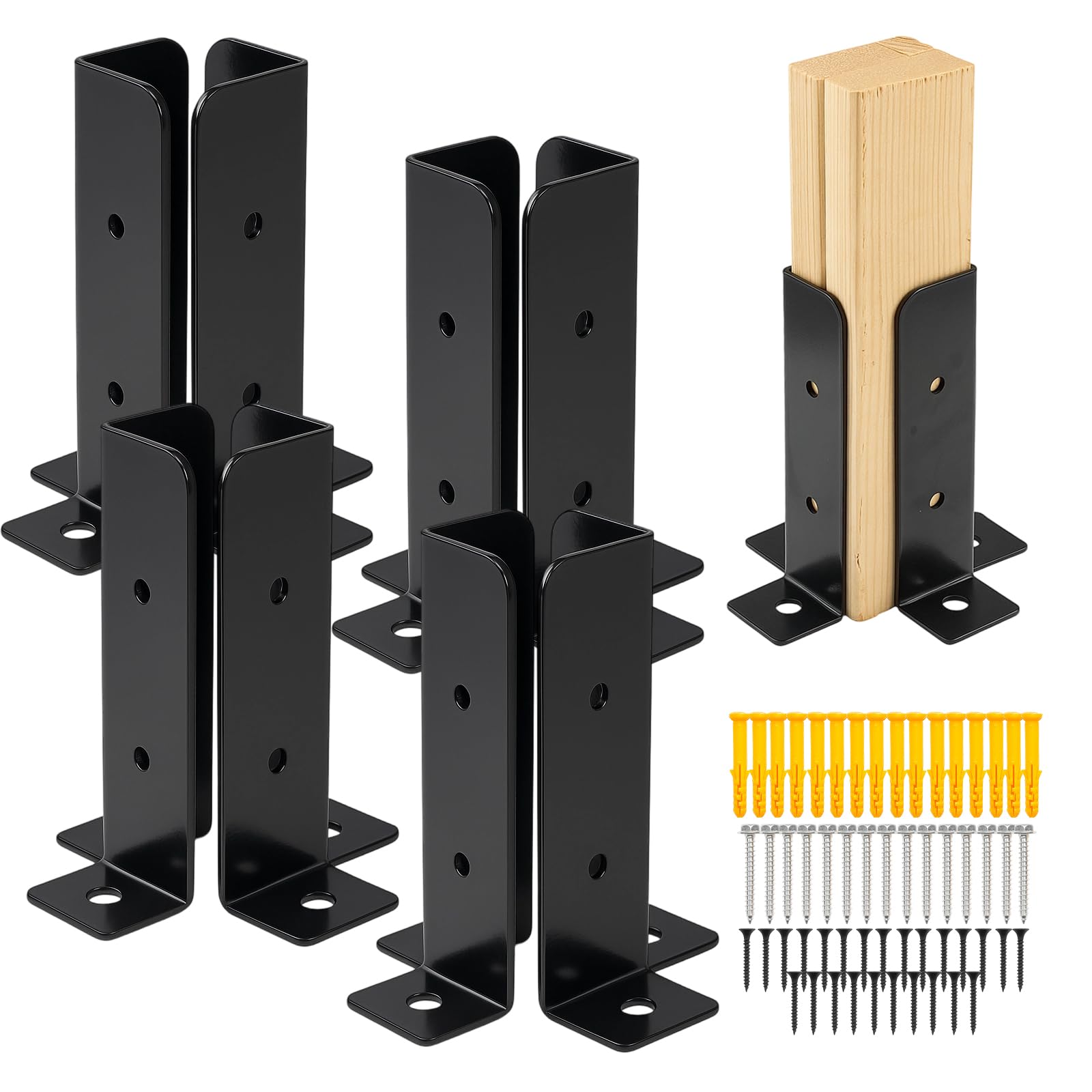 8 PCS Adjustable Deck Post Anchor Base Brackets, 1.37"x1.51"x5" Heavy-Duty Steel Post Base, Black Powder Coated, Rustproof, for 1.5x1.5 to 4x4 Wooden Columns, Includes Screws for Deck, Fence, Pergola