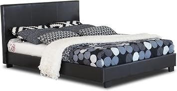 Modernique Black Faux Leather Low End Bed Frame in 3ft Single, High Headboard with Sprung Wooden Slatted Bed Base