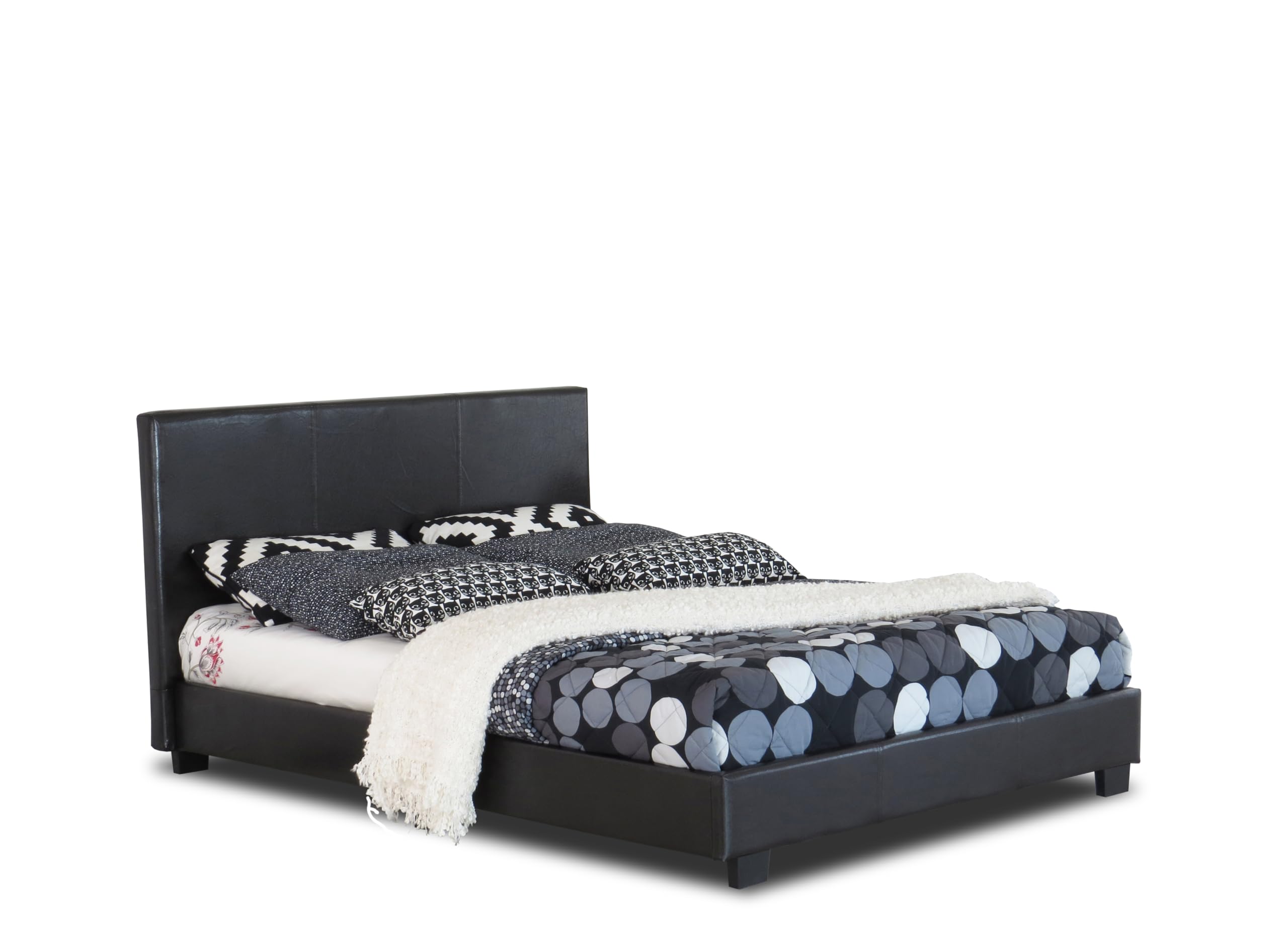 Modernique Black Faux Leather Low End Bed Frame in 4ft Small Double, High Headboard with Sprung Wooden Slatted Bed Base