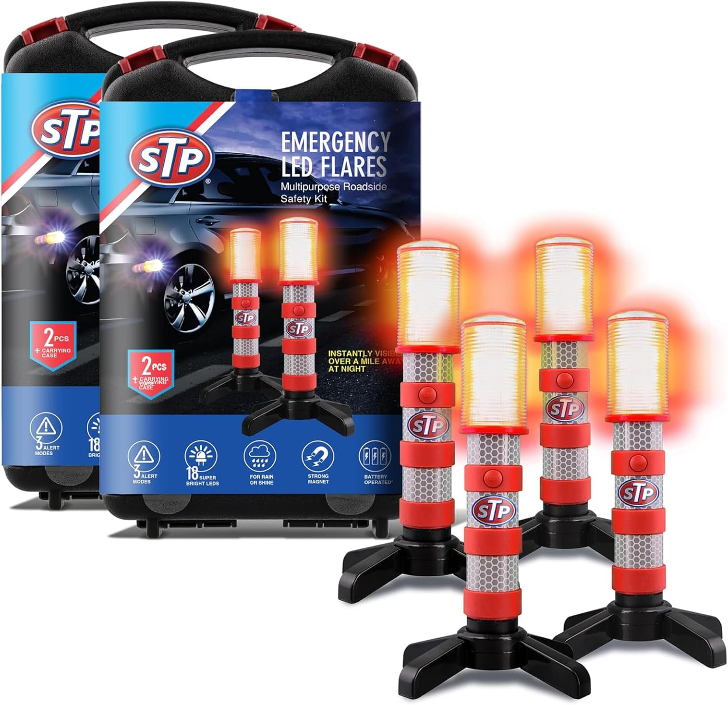 XTREME STP LED Road Flares, 3 Alert Lighting Modes: Flashing Red, Solid Red & White Flashlight, Emergency Flares for Vehicles, Visible From Up To A Mile, Foldable Stand/Built-In Magnet Sticks To Car