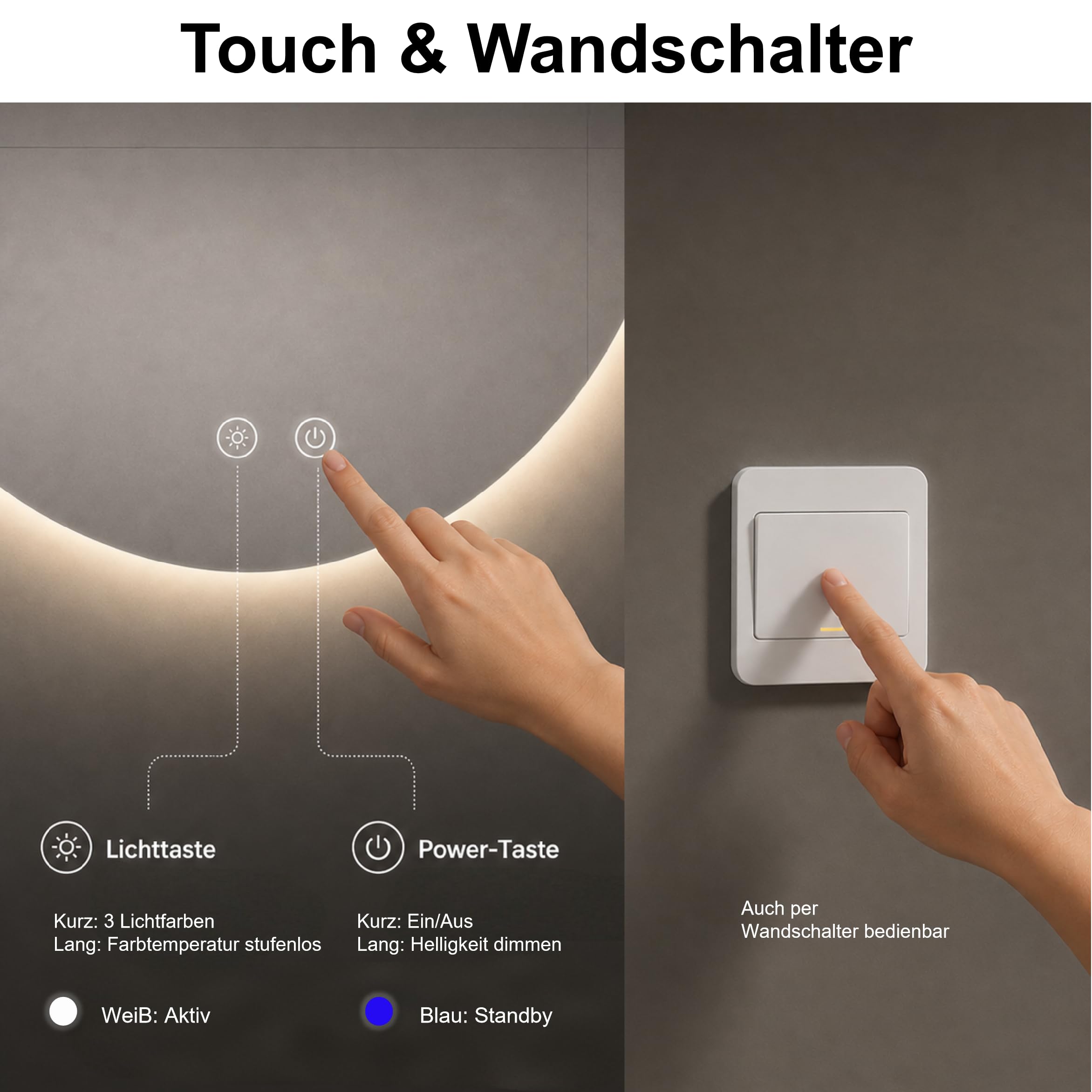 Badspiegel mit Beleuchtung Rund, 50 cm LED Spiegel mit Touch-Schalter, Badezimmer Spiegel mit Beleuchtung/3 Lichtfarbe Einstellbare/Dimmbar, LED Wandspiegel mit Licht, IP44
