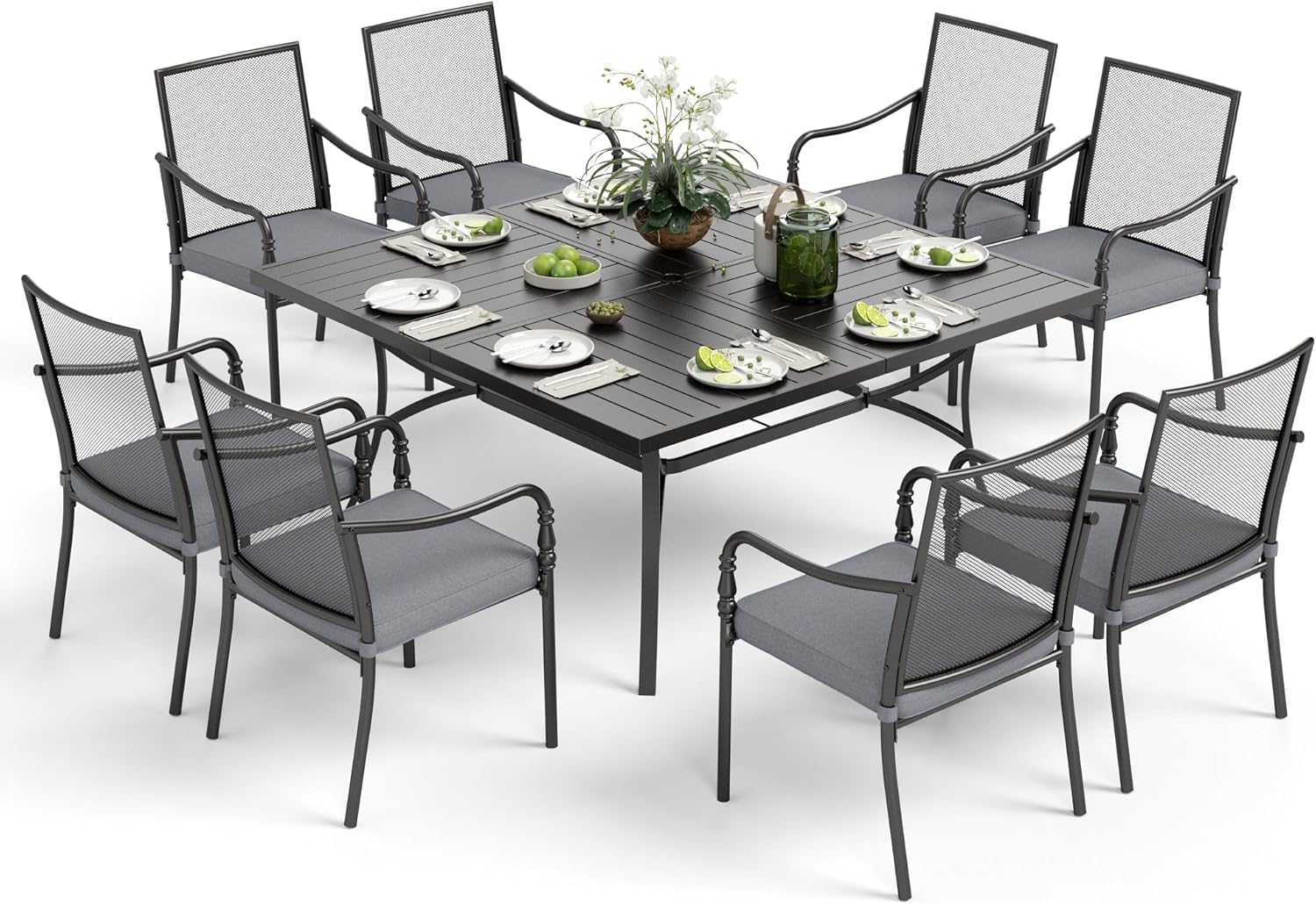 SUNSHINE VALLEY Patio Table and Chairs Set of 8, All Weather Breathable Metal Mesh Patio Chair with Gourd-Shaped Armrests, 60x60 Square Table with Umbrella Hole, 9 Pcs Metal Frame Patio Dining Set