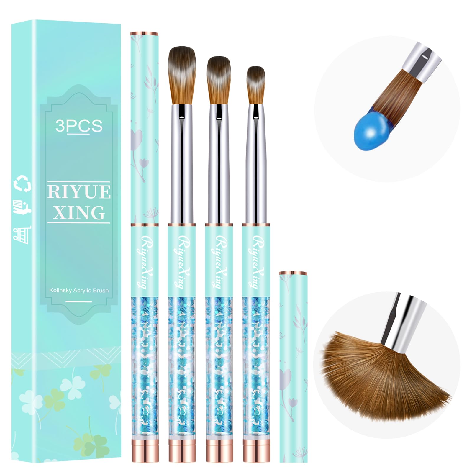 3PCS Acrylic Nail Brush Set, Size 6/10/14. Kolinsky Hair,Oval Crimped Pressed Shaped Acrylic Nail Brushes,Blue Metal Handle Acrylic Powder Brush Set