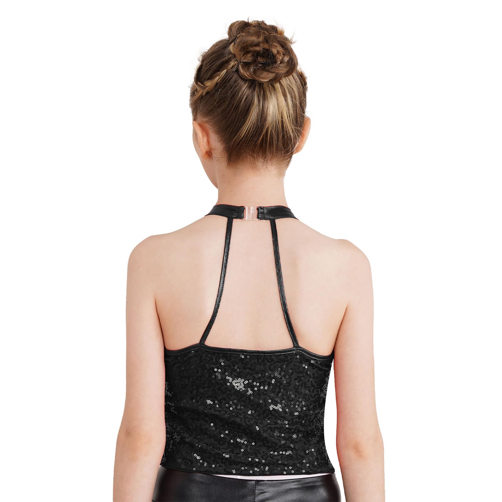 JanJean Girls Kids Shiny Metallic Cutout Back Jazz Hip Hop Dance Tank Top Halter Neck Tees Ballroom Costume Black 12 Years