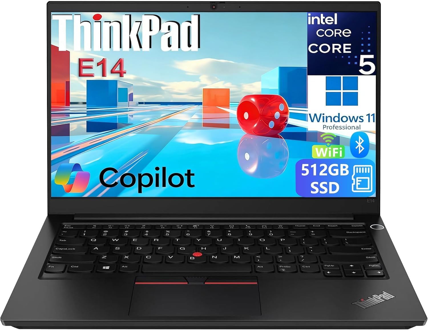 Lenovo ThinkPad E14 Gen 1 Business Laptop, 14 Inch FHD Notebook, Intel Core i5-10210U, 16GB RAM, 512GB SSD, US Keyboard, Windows 11 Pro (ricondizionato)