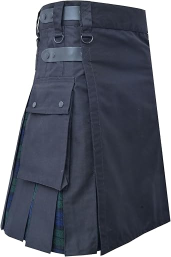 Mens Scottish Hybrid Utility Kilt - Modern Black Cotton & Acrylic Wool Tartan Kilt for Men with Leather Straps