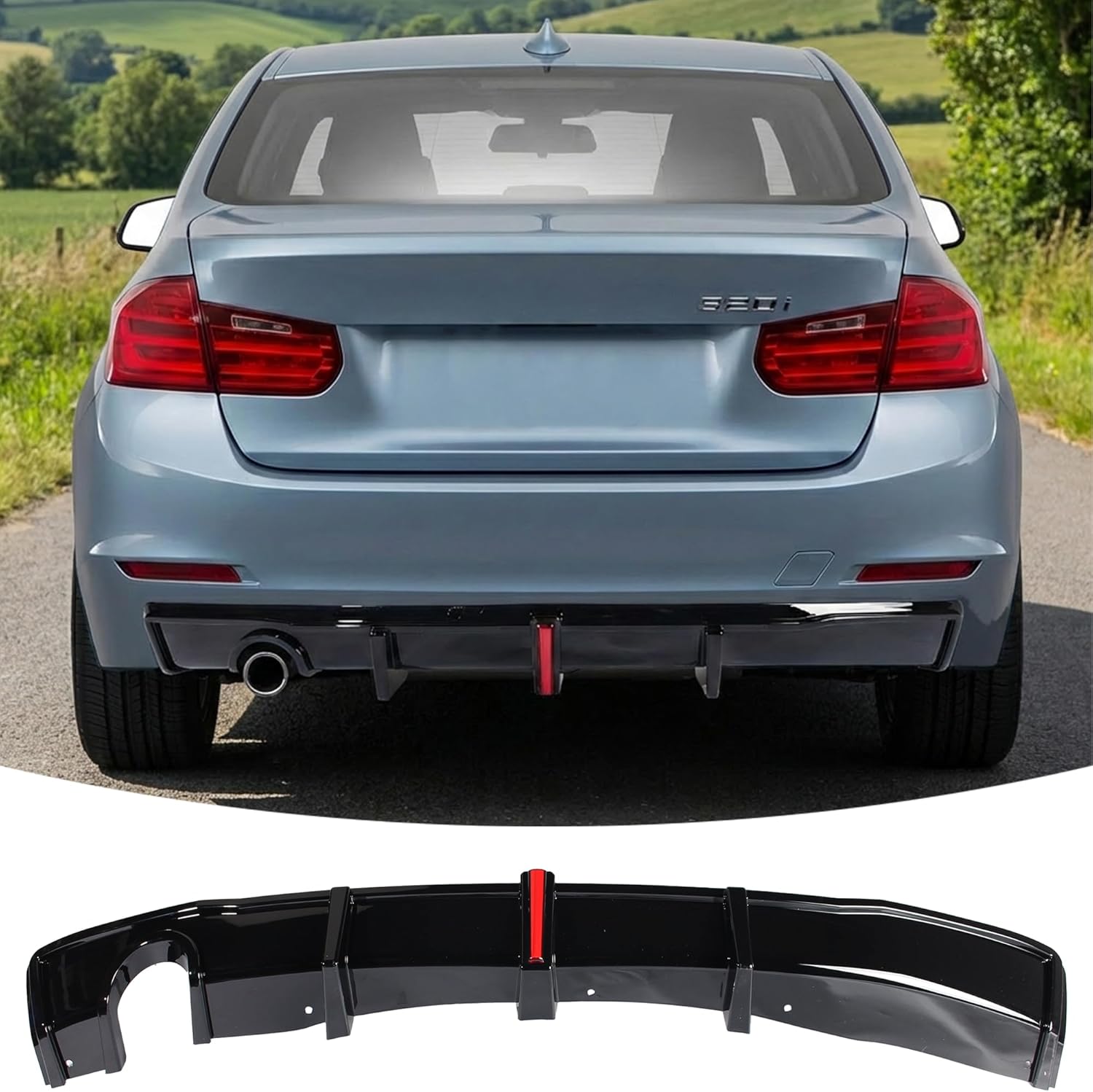 Rear Bumper Diffuser w/LED Brake Light Fit for BMW 3 Series F30 2012-2015 320i/ 325i/ 328d Accessories (Base/Regular Model Only) Replaced Rear Lower Lip Splitter Exterior Part Gloss Black