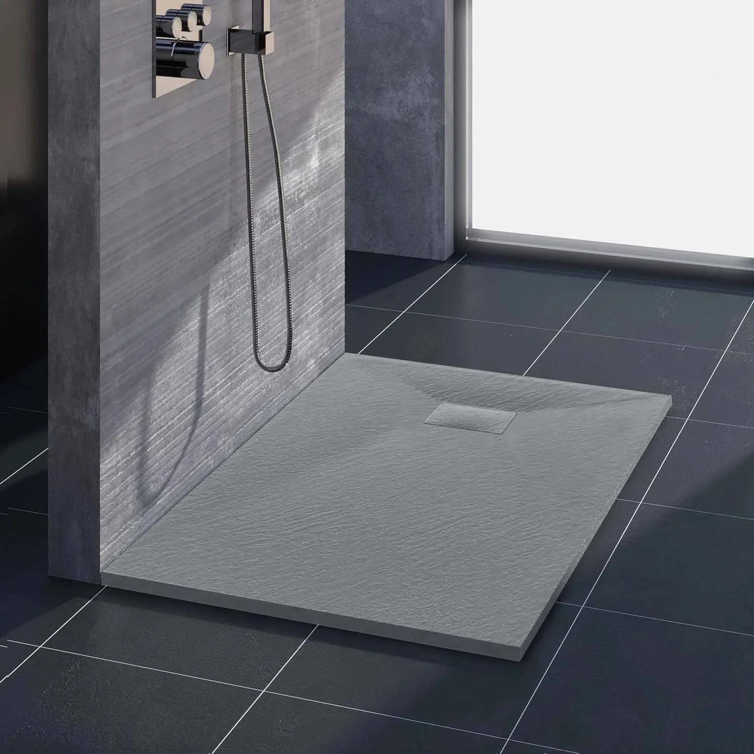 VBChome Plato de ducha, 100 x 80 x 2,5 cm, gris estructura de piedra, plato de ducha extraplano, rectangular, desagüe de desagüe SMC, compuesto SMC, instalación universal, sifón