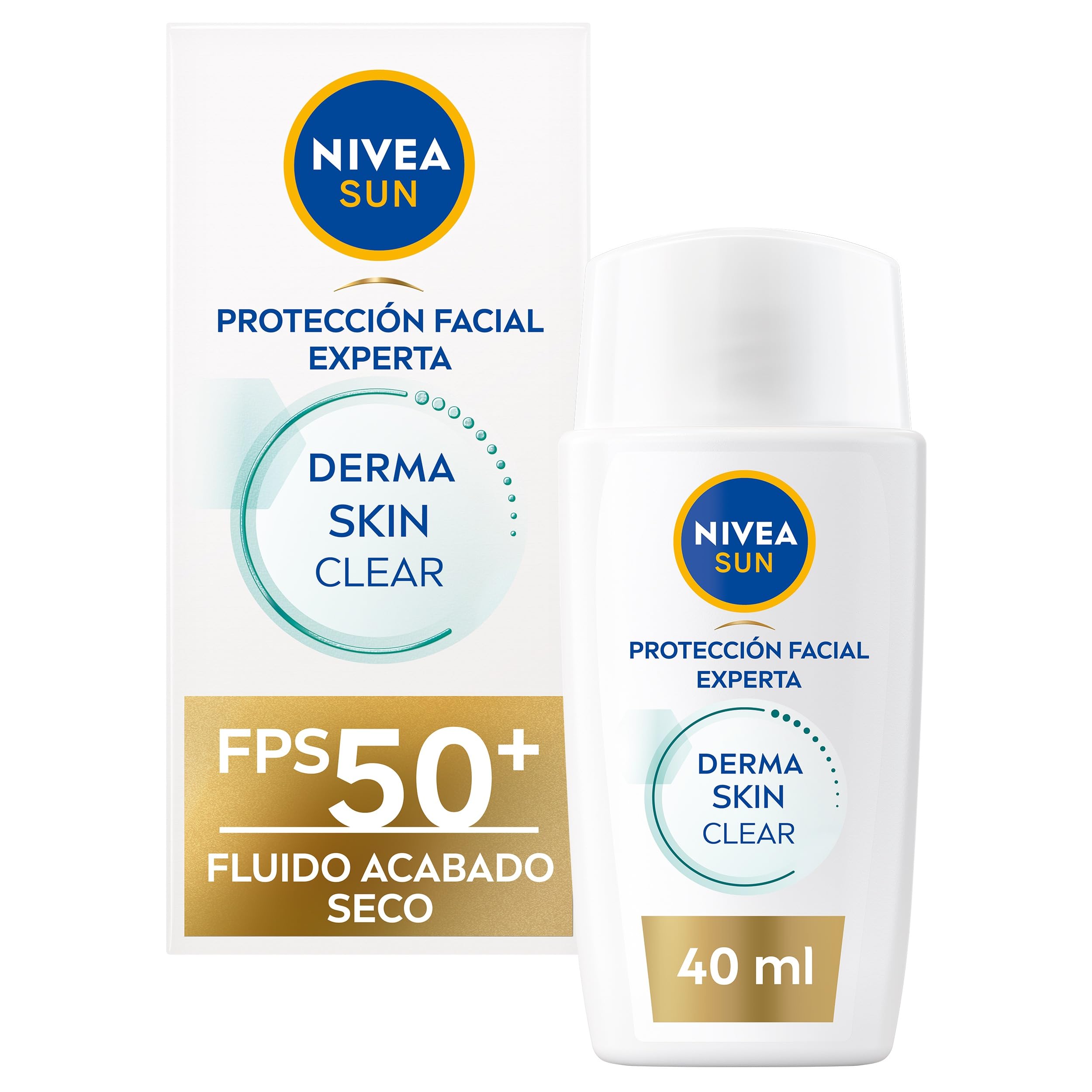 NIVEA SUN Derma Skin Clear Fluido Protector Solar Facial FPS 50+ (1 x 40 ml), crema solar facial ultra ligera con efecto mate, protección solar anti imperfecciones