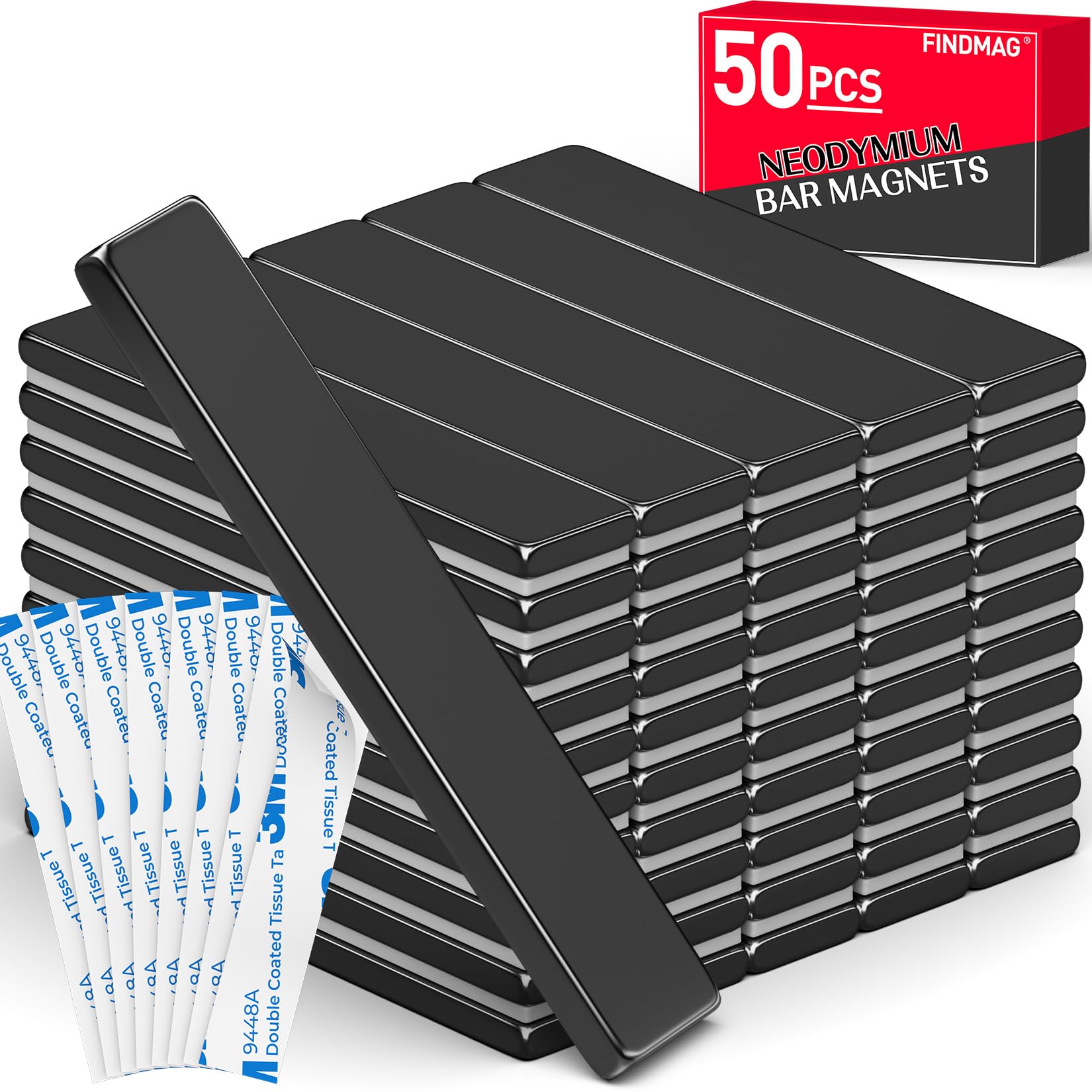 FINDMAG 50 Pack Neodymium Bar Magnets with Adhesive, for Fridge, Kitchen and Office.