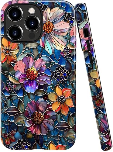 Miniatura 21 de Funda TnXee Compatible con iPhone 15 Pro Max, Funda híbrida brillante de 2 capas para prevenir caídas para niñas y niños, Flor de vidrio manchado