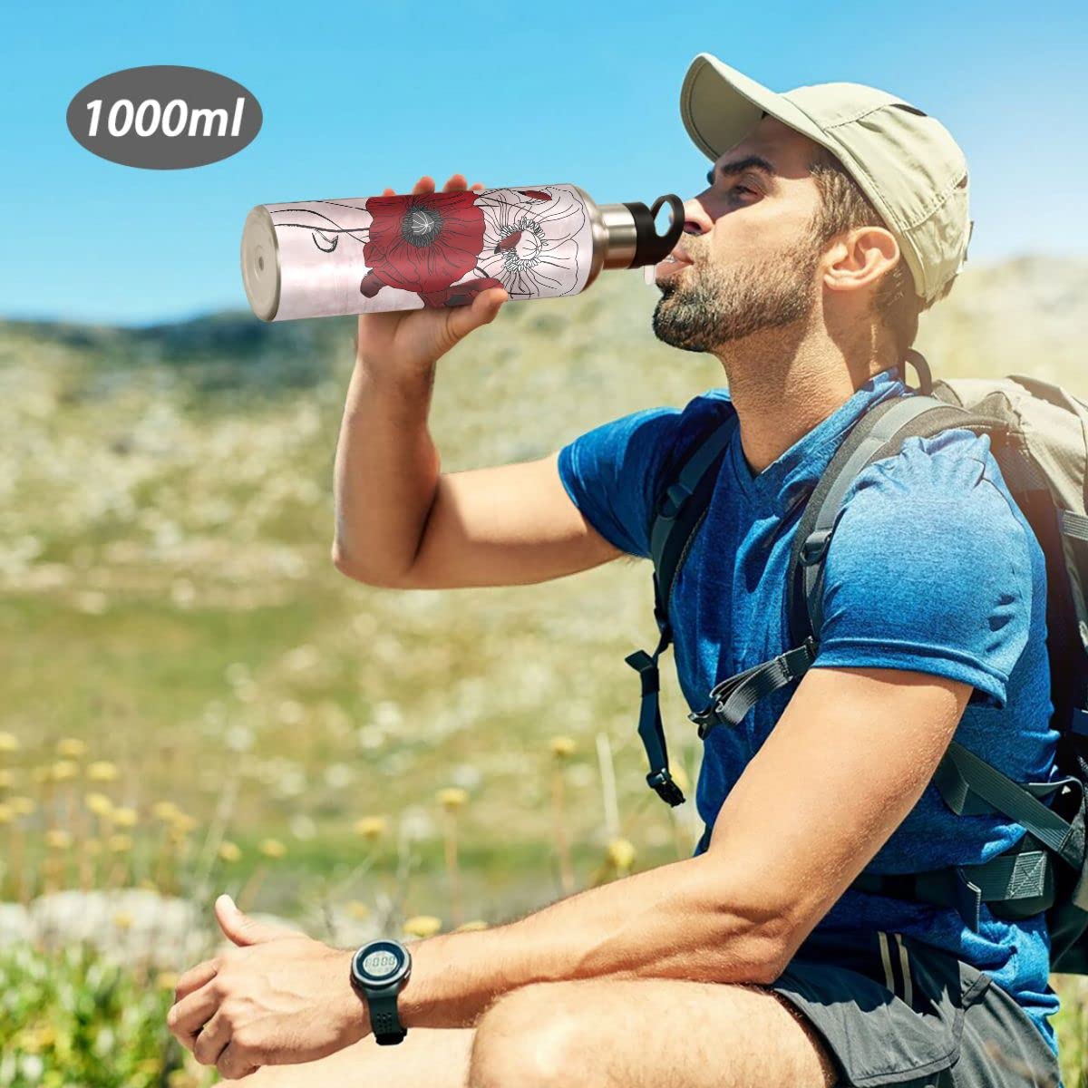 Edelstahl Wasserflasche mit Strohhalm, Mohnblumen mit Schmetterlingen Isolierte Trinkflasche Sport Wasserflasche für Kinder Erwachsene, auslaufsicher, 1L