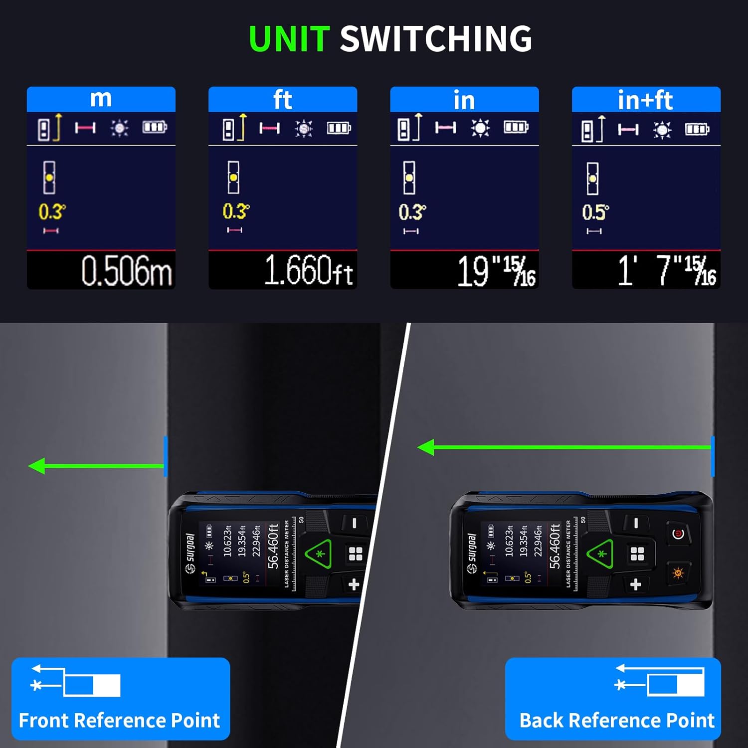 Laser Distance Meter 196ft Digital Laser Measuring Tool with LCD Backlit Display, Pythagorean Mode, Area & Volume Calculation, ±2mm Accuracy, Class II, Electronic Tape Measure for DIY and Construction