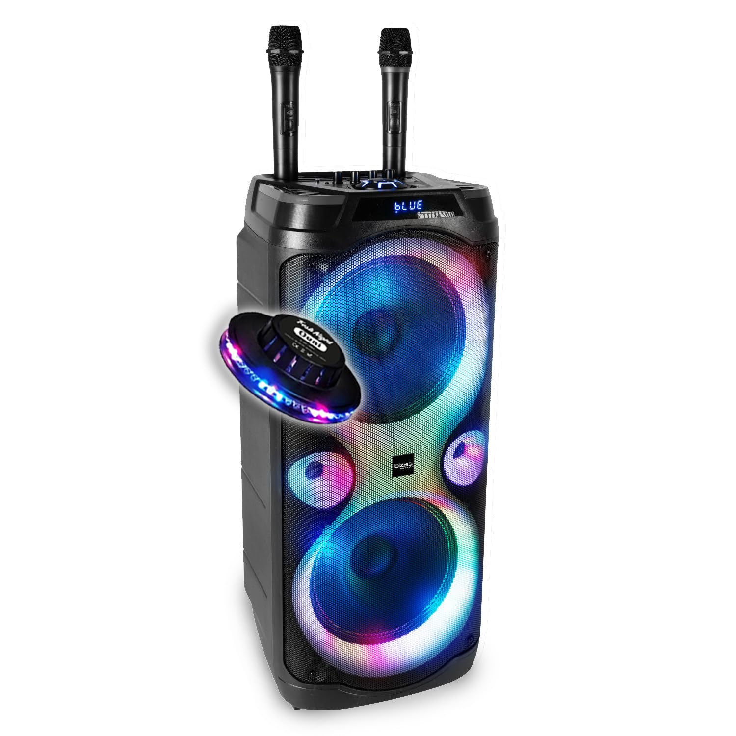 Enceinte Autonome Sono DJ Ibiza Columba-Karaoke 2x8 300W Bluetooth USB Micro SD RADIFM TWS Micro Filaire Télécom. LED,Jeu OVNI