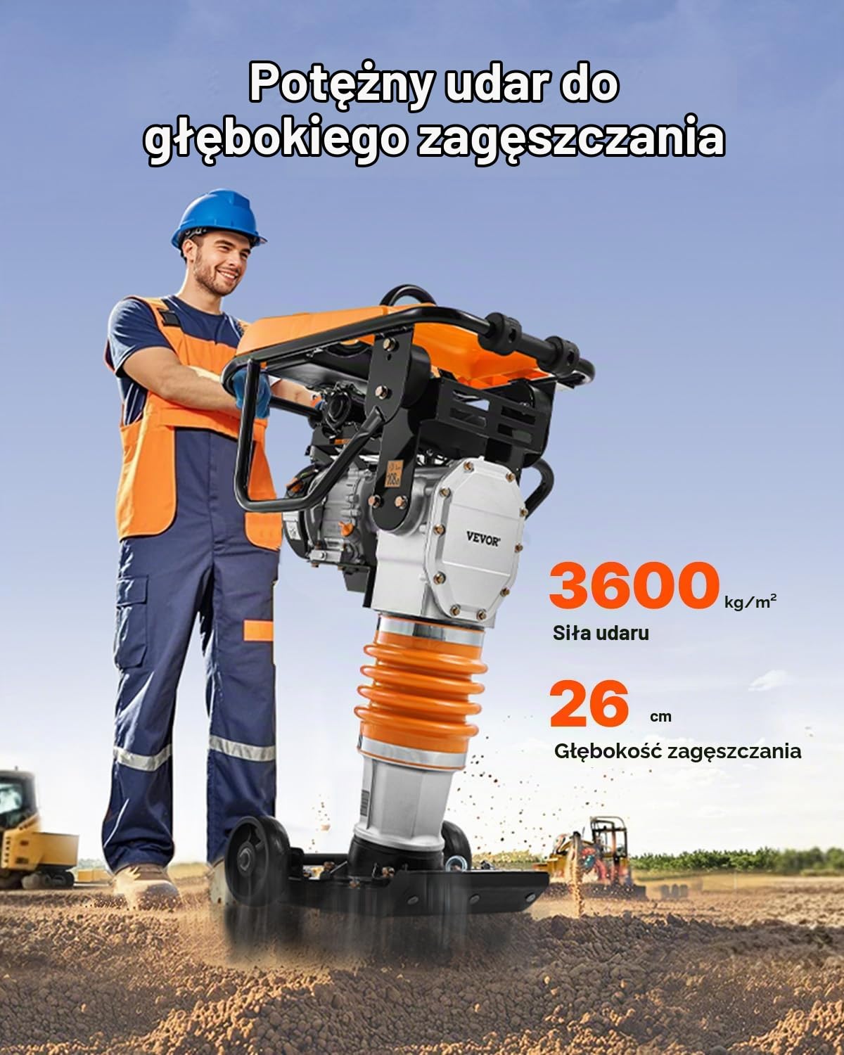 VEVOR Zagęszczarka do skoków, 6,5 KM, ubijak wibracyjny, napędzany paliwem 196 cm³, siła uderzenia 1,632 kg, maksymalna głębokość zagęszczania 66 cm, do gleby, żwiru, fundamentów, płyt betonowych i